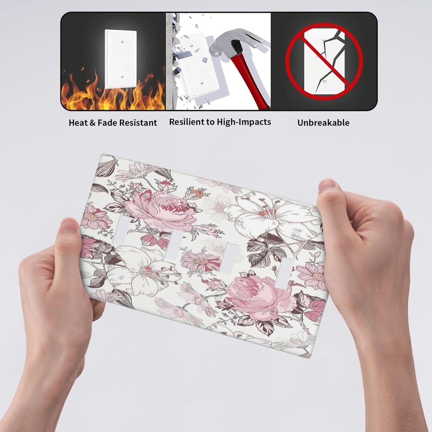 Light Switch Covers Modern Watercolor Flower Pink White Wildflower Quad Toggle 4 Gang Wall Plate Electrical Faceplate Decorative Switch Plates for Bedroom Home Decor