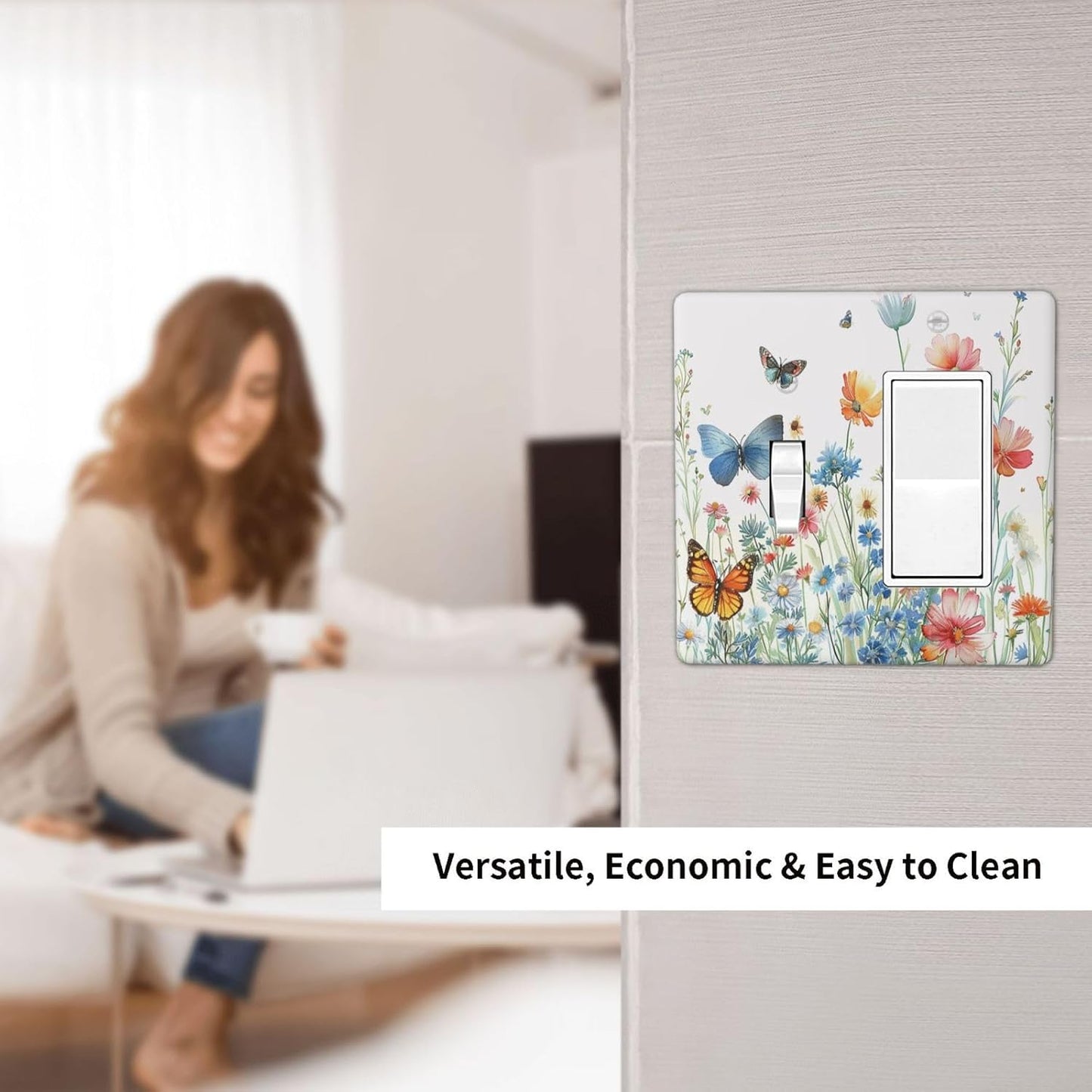 Decorative Outlet Covers Wildflower Blue Pink Floral Butterfly 2 Gang Light Switch Cover Plate Single Toggle 1 Rocker Wall Plates for Electrical Outlets Switch Plate Covers for Home Decor