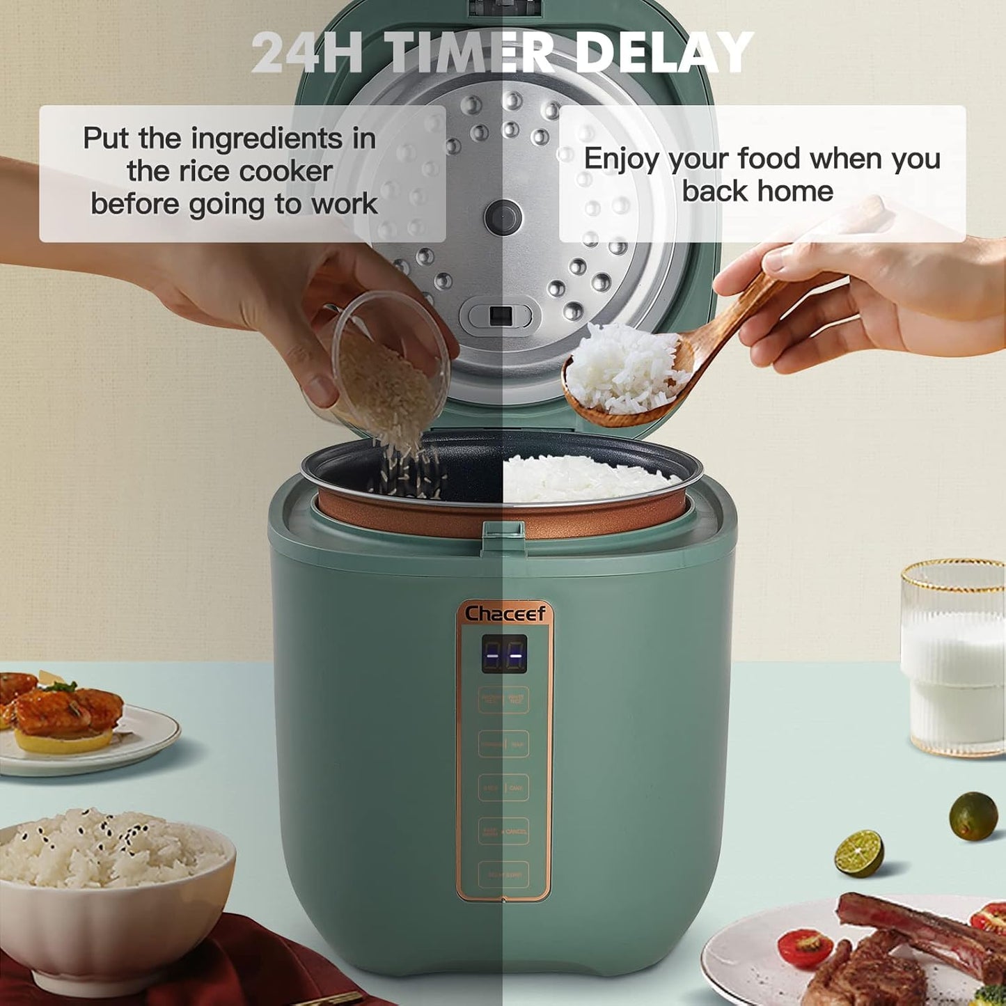 CHACEEF Mini Rice Cooker 2 Cups Uncooked, 1.2L Rice Cooker Small, Portable Non-Stick Small Travel Rice Maker, BPA Free, Smart Control Multifunction Cooker with 24 Hours Timer Delay & Keep Warm Function, Green