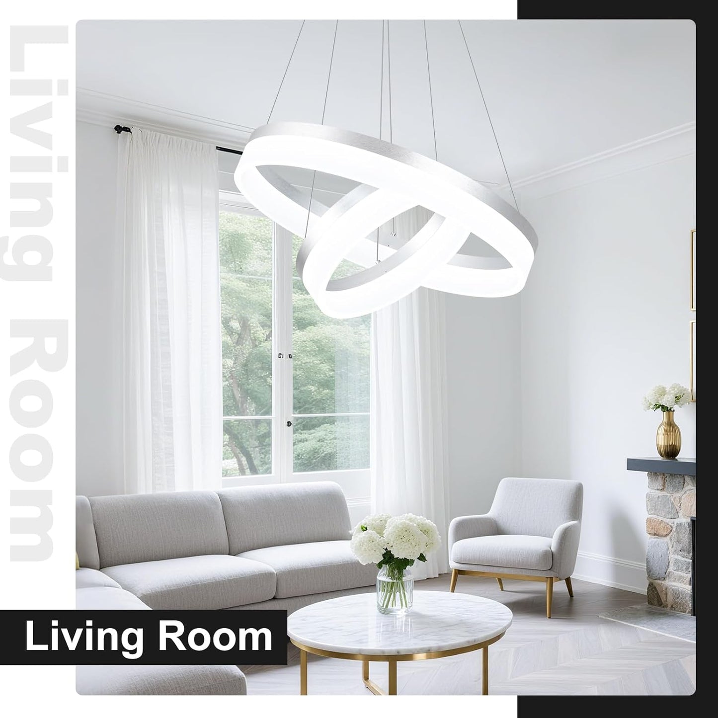 Buccleuch 2-Ring Modern LED Chandelier - Dimmable Silver Round Pendant Light, Height Adjustable ETL-Certified Ceiling Light for Dining Room, Kitchen Island, Living Room, Bedroom, Foyer