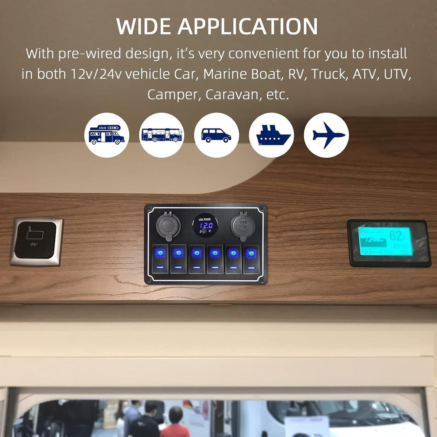 Waterproof Toggle Switch Panel 6 Gang 12V/24V Aluminum Rocker Switch Panel with Dual USB Charger Socket Voltmeter, Pre-Wired Multi-Function Switch Panel for Automotive RV Truck Vehicles