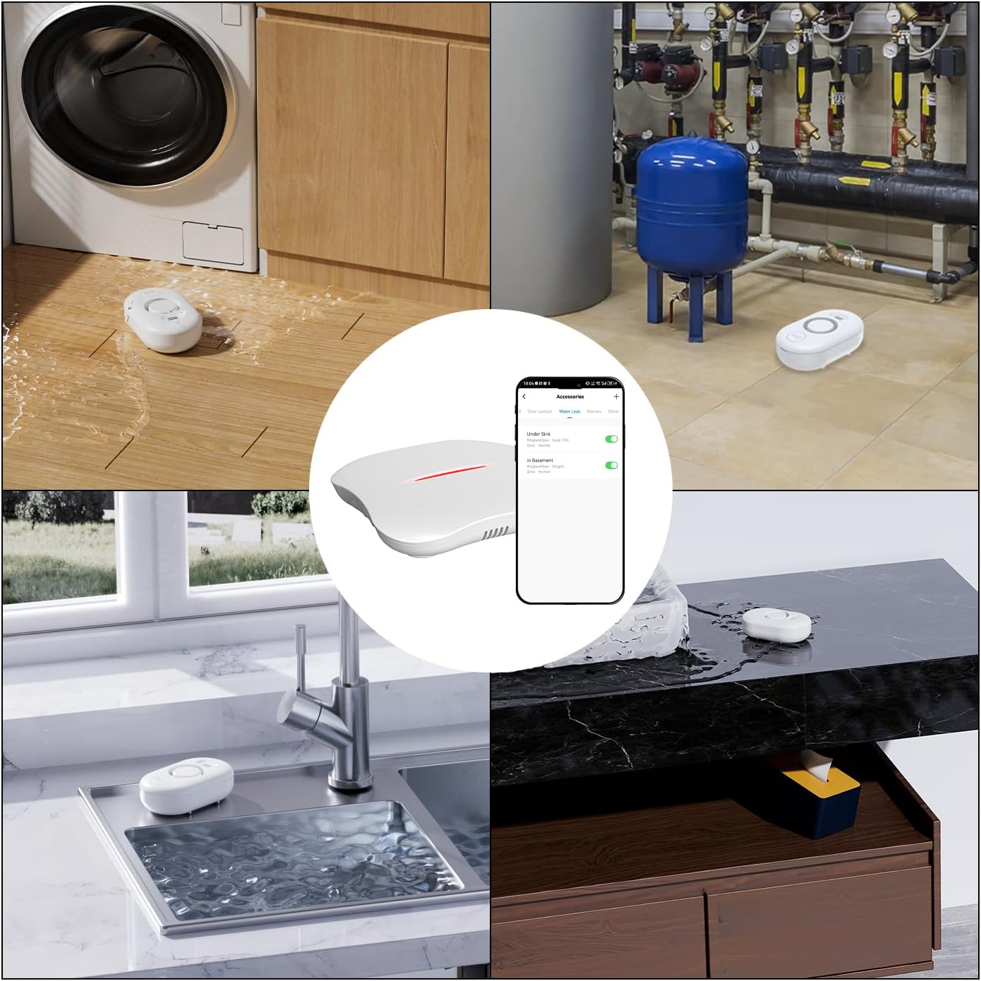 WiFi Water Leak Detector for Home with App Notification, 1 Gateway+10 Sensor, 120dB Flood/Drip Alarm for Basement/Kitchen/Bathroom/Toilet/Laundry Room, Under Sink/Drain/Pipe Leakage, W13+WD61x10-White