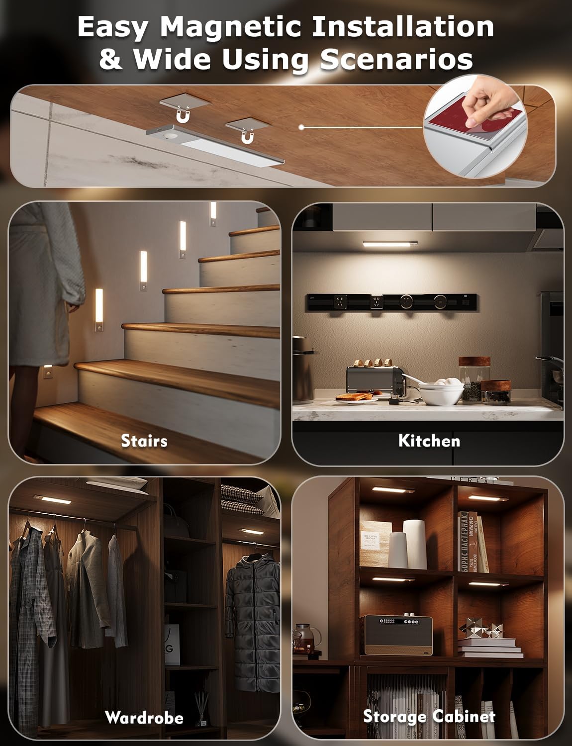 8" Ultra-Thin Under Cabinet Lighting Wireless, Aluminum Alloy Under Counter Lights for Kitchen, 3-Color-Temps Magnetic Closet Lights, Rechargeable Motion Sensor Light Indoor (4 Pack, Silver)