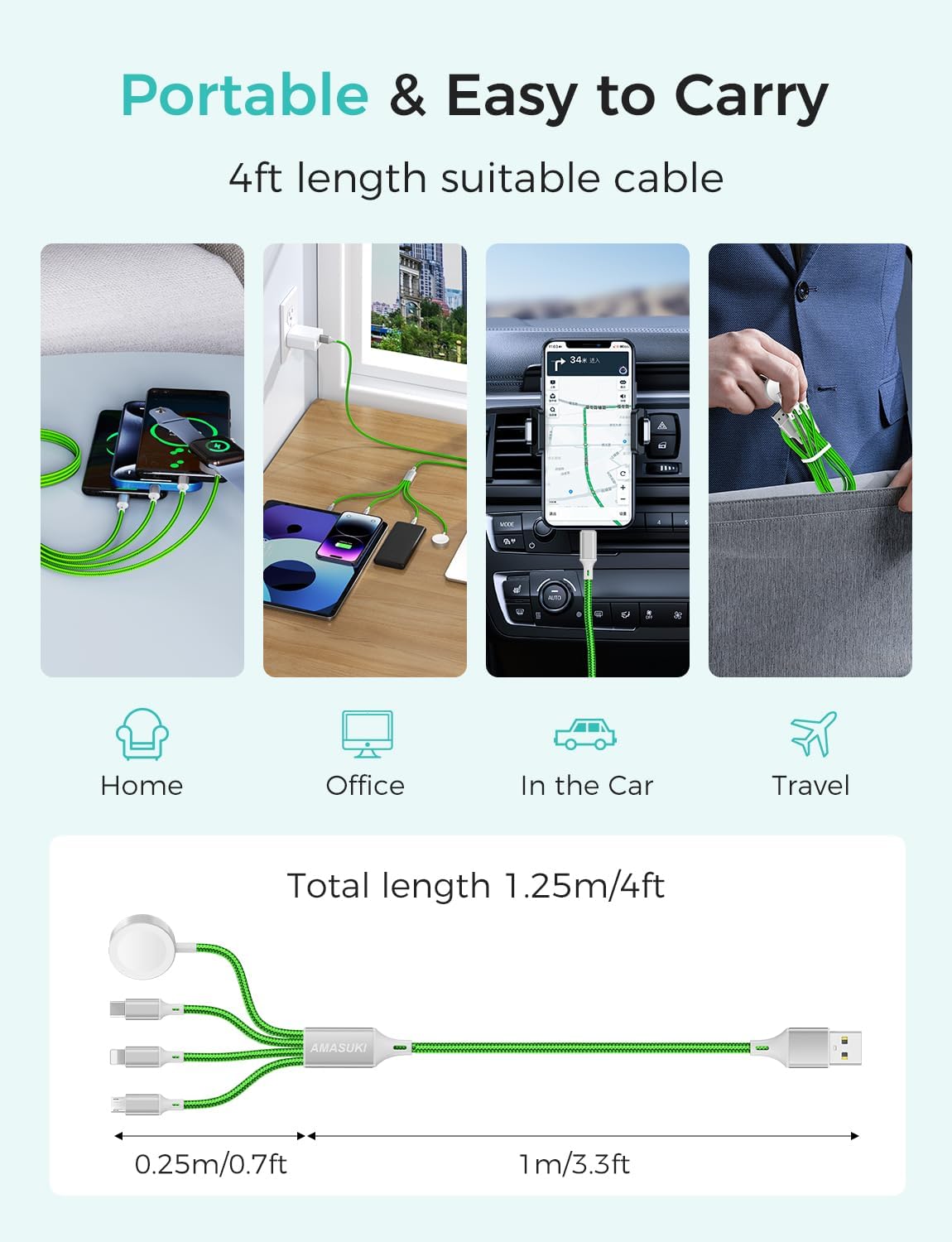 Travel Essentials,4 in 1 for Apple Watch Charger/iPhone Charger/Multi Charging Cable,Vacation RV Camping Essentials,USB C/L/Micro Portable Charger for iWatch 11-1/iPhone 17-12,Car&Gift-Green