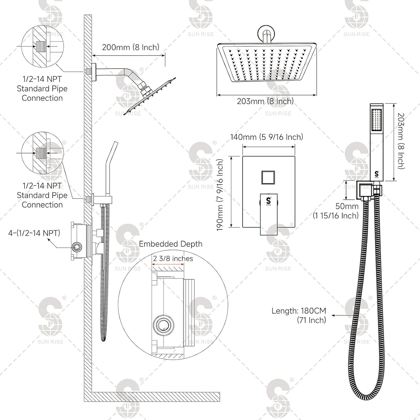 SR SUN RISE Shower System - Shower Faucet Set with 8 Inch Rain Shower Head and Handheld Shower - High Pressure Rain Shower System - All Metal Shower Faucet Trim Repair Kits - Polished Chrome