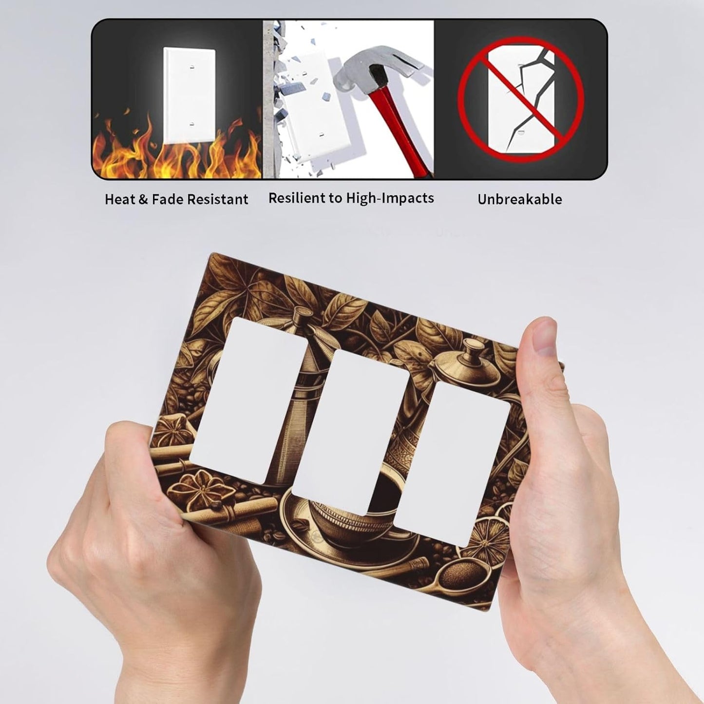 Decorative Outlet Covers Vintage Coffee Beans Leaf Cup 3 Gang Wall Plate Triple Rocker Light Switch Cover Plate Jumbo Electrical GFCI Faceplate for Kitchen Home Decor