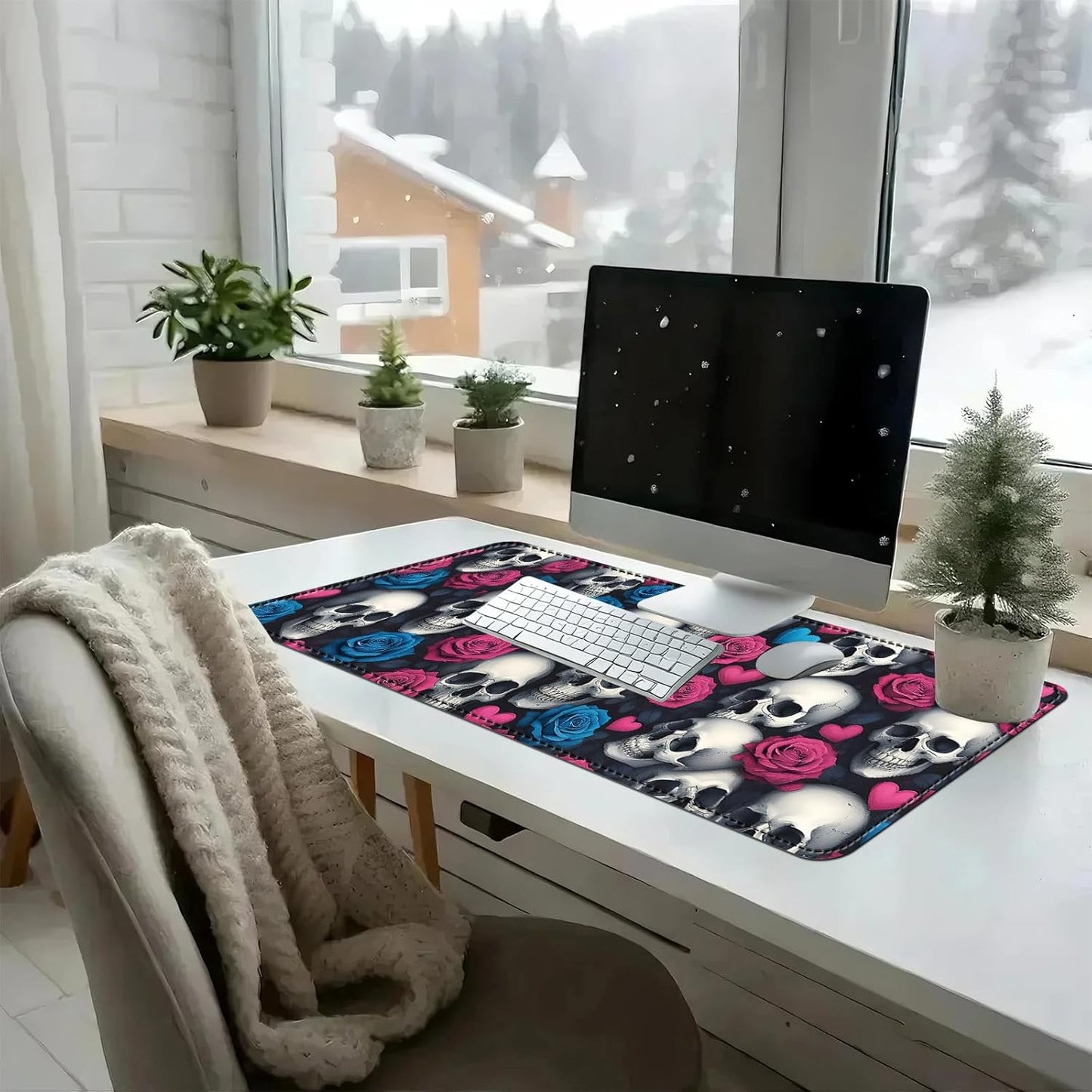 Heated Mouse Pad with 3 Temperature Settings(104°F–122°F),Large 31.5x13 Inch PU Leather Heated Desk Mat,Waterproof Warming Pad for Office,Gaming & Cold Hands Relief,Skeleton Skulls Flower