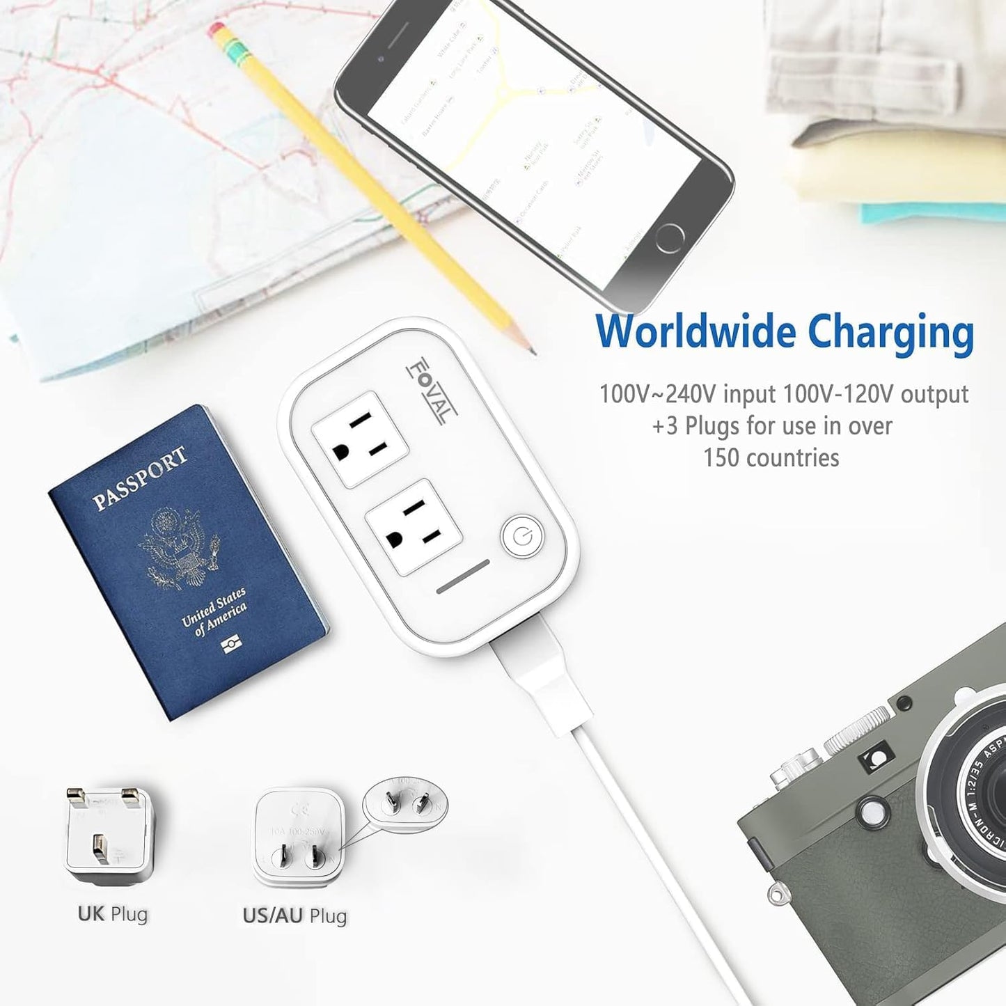 FOVAL Power Step Down 220V to 110V Travel Voltage Converter International Power Adapter for Hair Straightener/Curling Iron with 4-Port USB Charging US/UK/AU/EU Universal Plug Adapter (White)
