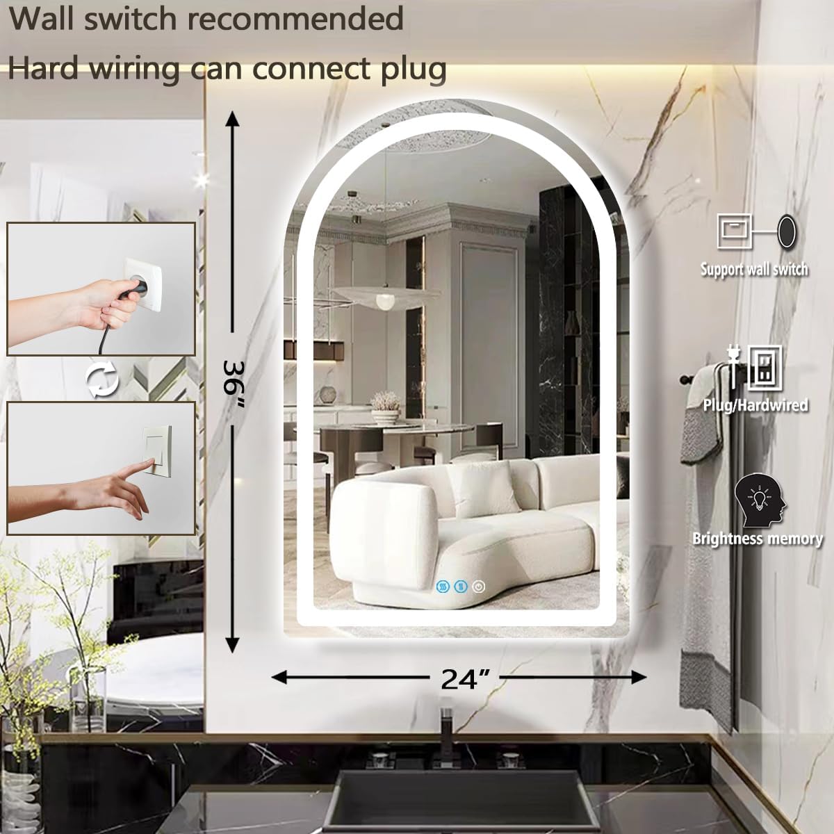 THEKLA 24 x 36 Inch Arched LED Bathroom Mirror with Light Arch LED Mirror for Bathroom Wall Mounted 36in Arched Lighted Mirror AntiFog Dimmable 3 Color Bathroom Smart LED Light up Vanity Arched Mirror