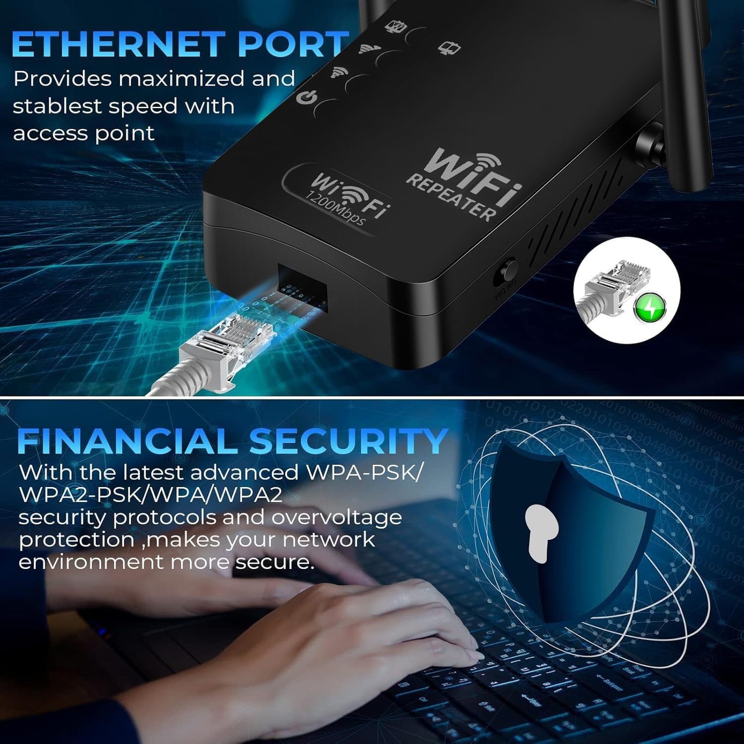 1200Mbps WiFi Extender Signal Booster,WiFi Extender Dual Band for Home,New Gen 6X Faster Internet Booster Extender, WiFi Repeater Coverage up to 10K sq.ft and 65 Devices(Black)