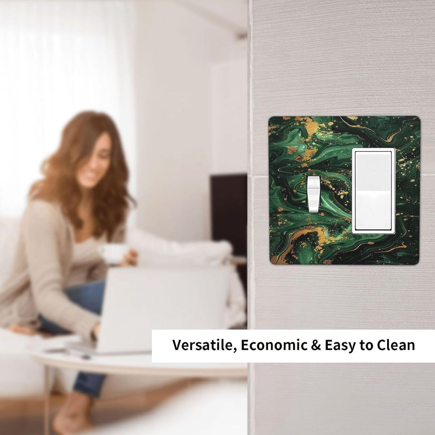 Green/Gold Modern Abstract Luxury Marble 2 Gang Combo 1 Toggle 1 Rcoker Light Switch Covers Decorative Switch Plates Electrical Switch Plates and Outlet Covers for Home Art Decor 4.5 X 4.5 IN
