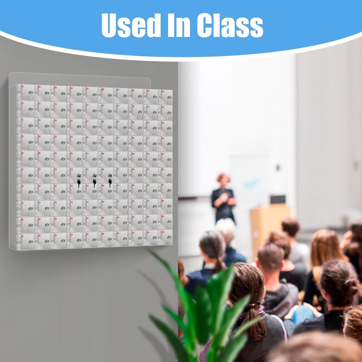 Cell Phone Locker 100 Slots Acrylic Cell Phone Lock Box with Door Locks and Keys, Wall-Mounted Cell Phone Storage Cabinet for Office Classroom Gym Firms, Clear Lockers for Storage (Large 100 Slots)