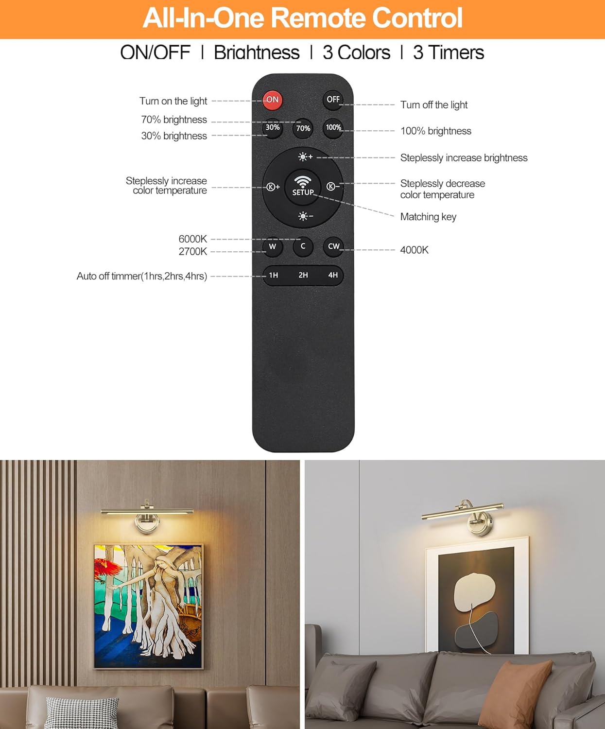 Picture Light for Wall, Battery Operated Art Light, Picture Frame Light with Remote & Timer, Cordless Wall Light with 3 Colors Modes for Pantings, Photo Gallery(Antique Bronze, 15.7inch)
