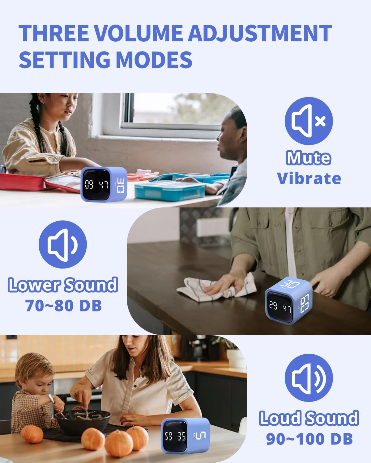 Productivity Timer Flip Gravity Sensor Cube Timer Countdown & Countup,Mute & Vibrate & Sound,5/10/30/60min & Custom Timing, Perfect for ADHD,Work,Learning,Kitchen Cooking (1Blue)