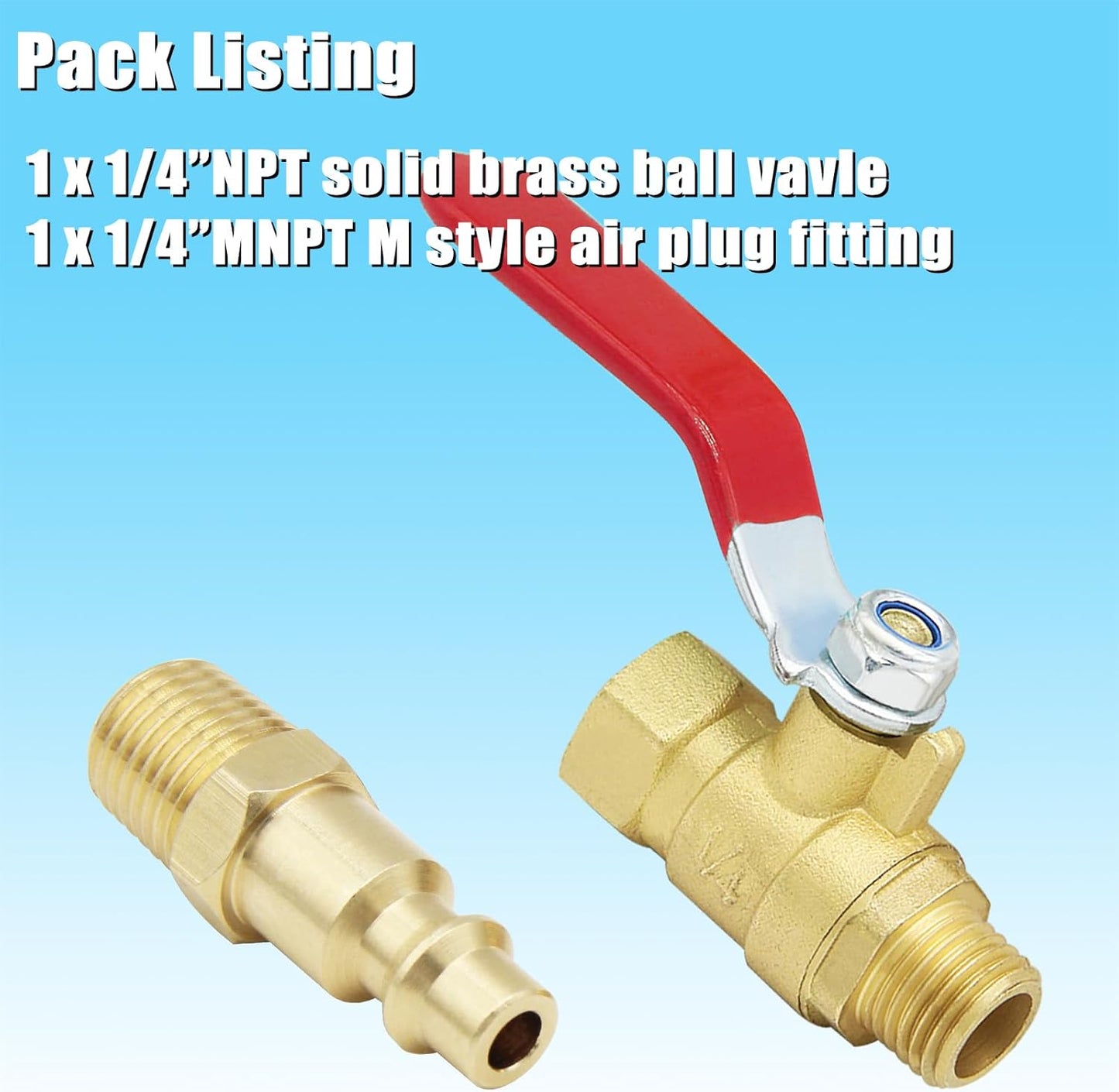 1/4 inch NPT Brass Ball Valve Kit Air Compressor Shut Off Valve With M-Stype Air Plug Fitting 1/4"NPT Male Thread 2 Part Unit