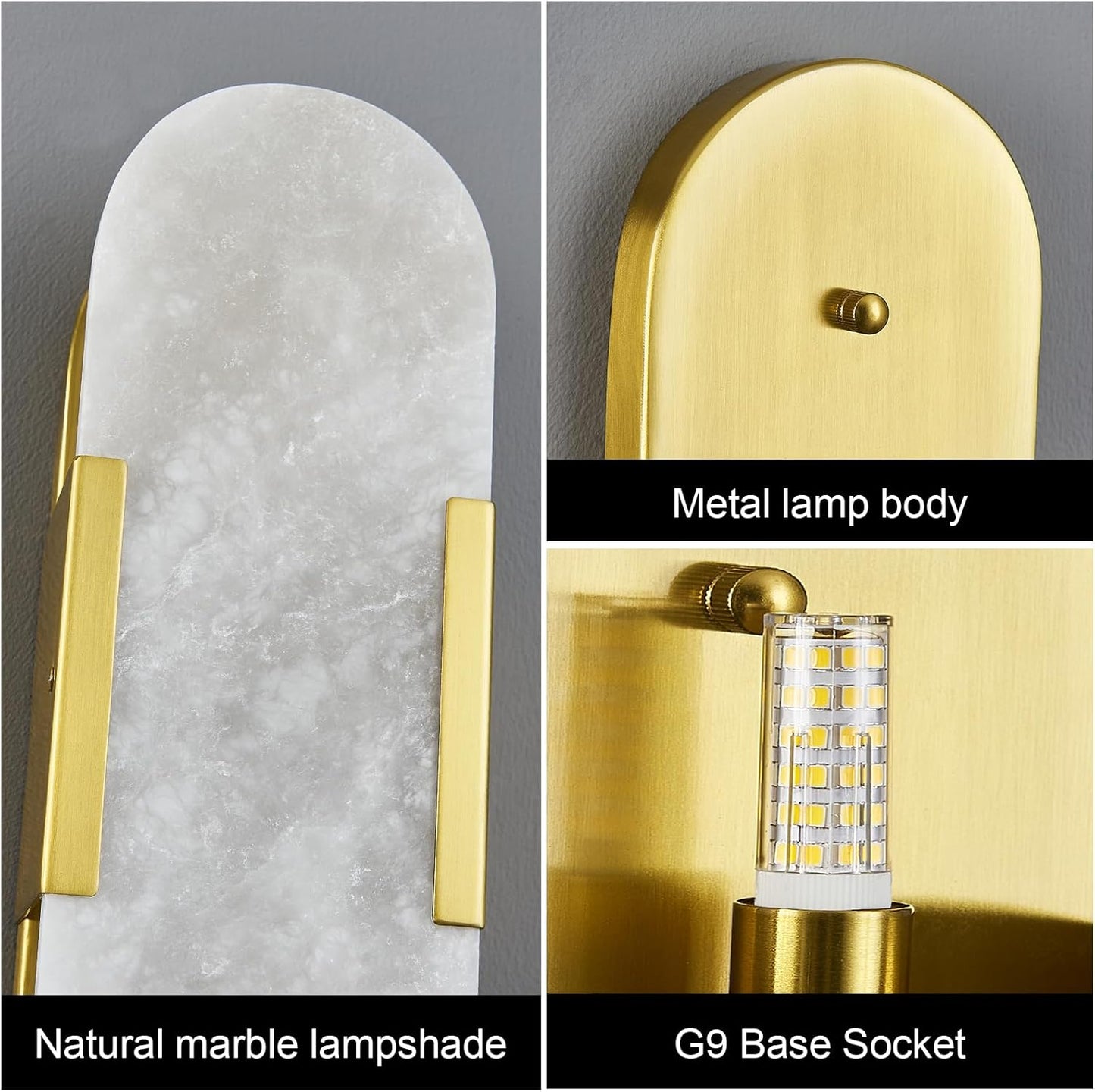 Brass Alabaster Wall Sconces Set of Two, Modern Natural Marble Wall Sconces for Indoor Lighting, 13.8 in Gold Wall Lights for Bathroom Dining Room Stairs Bedroom