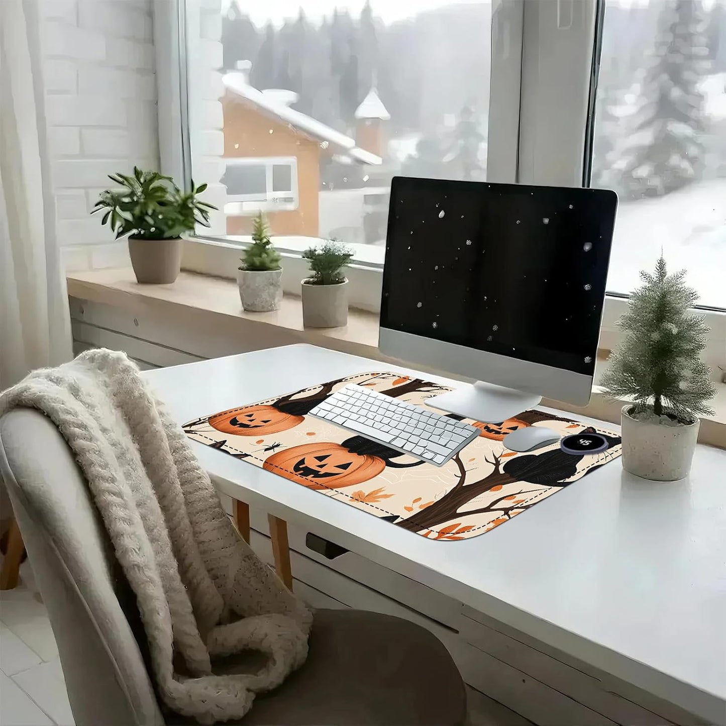 Heated Mouse Pad with 3 Temperature Settings(104°F–122°F),Large 24x14.2 Inch PU Leather Heated Desk Mat,Waterproof Warming Pad for Office,Gaming & Cold Hands Relief,Black Cats Pumpkins