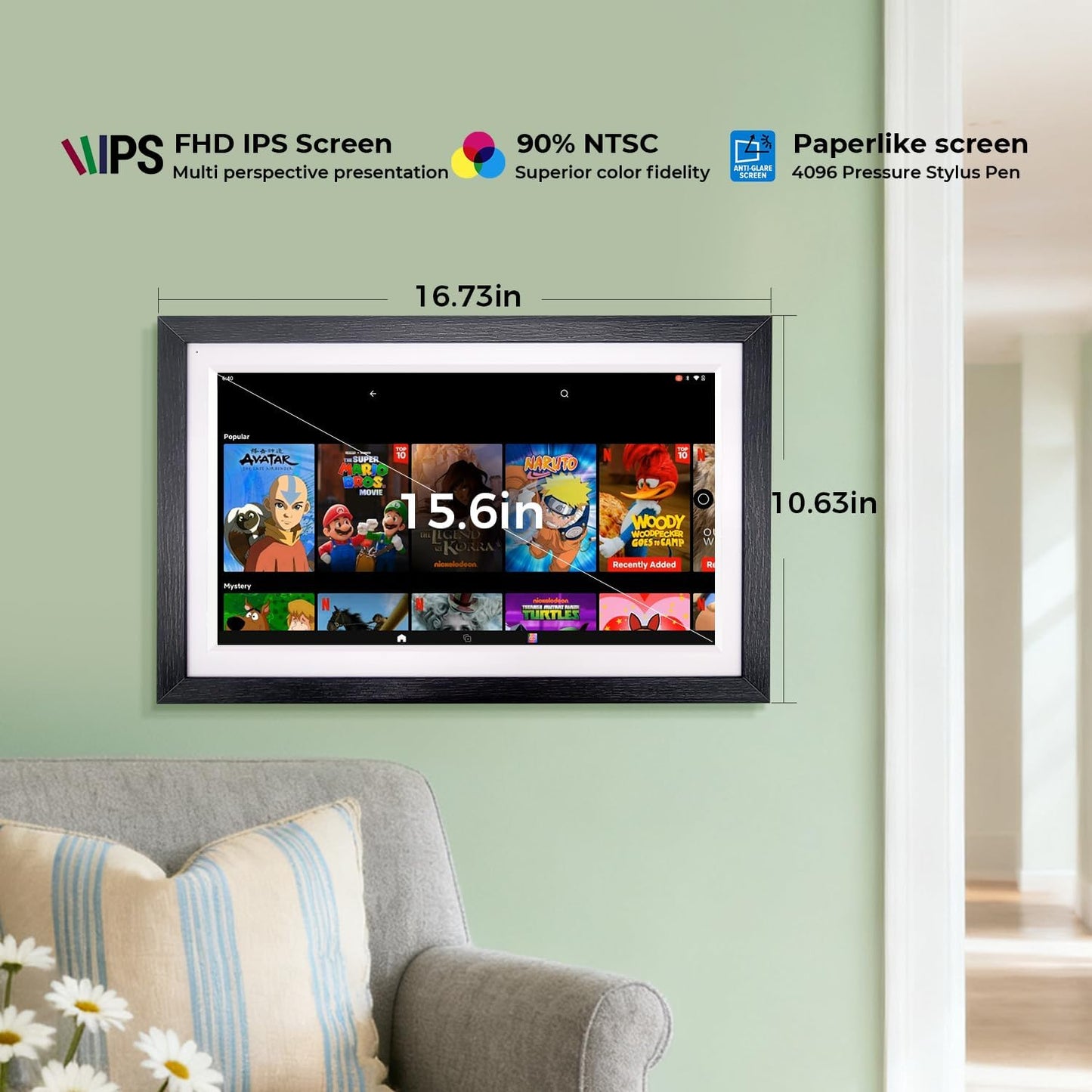 15.6" All-in-one Smart Display|Digital Google Calendar No Subscription|Picture Frame with Anti-Glare Touchscreen|Built-in Li-Battery|Wall-Mount or Desktop|Google Home Hub,App Store (15.6" Walnut Wood)