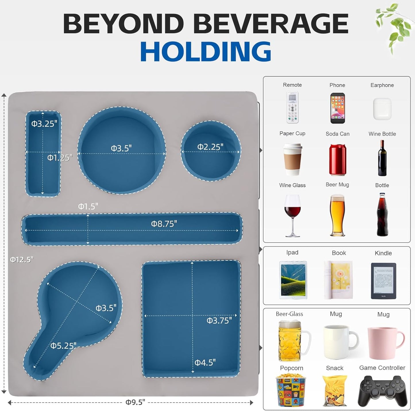 G GOOD GAIN Couch Cup Holder Pillow-Sofa Cup Holder Cozy Buddy | Bed Drink Caddy Holds Tablet, Remote, Snacks | Waterproof Anti-Spill Sofa Beverage Tray for Car, Beach, Picnic, Boat, RV(Light PUGrey)