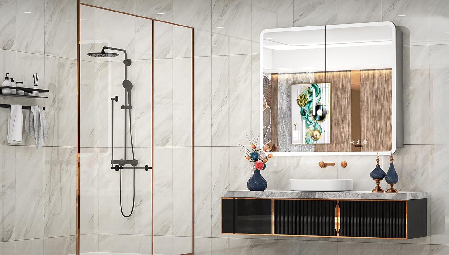 Medicine Cabinet with Lights, 36ร32 Inch Bathroom Lighted Medicine Cabinet with Mirror, Defogger, Dimmer, LED Mirror Cabinet with RGB Backlit+3 Color Front Light, Wall Mounted