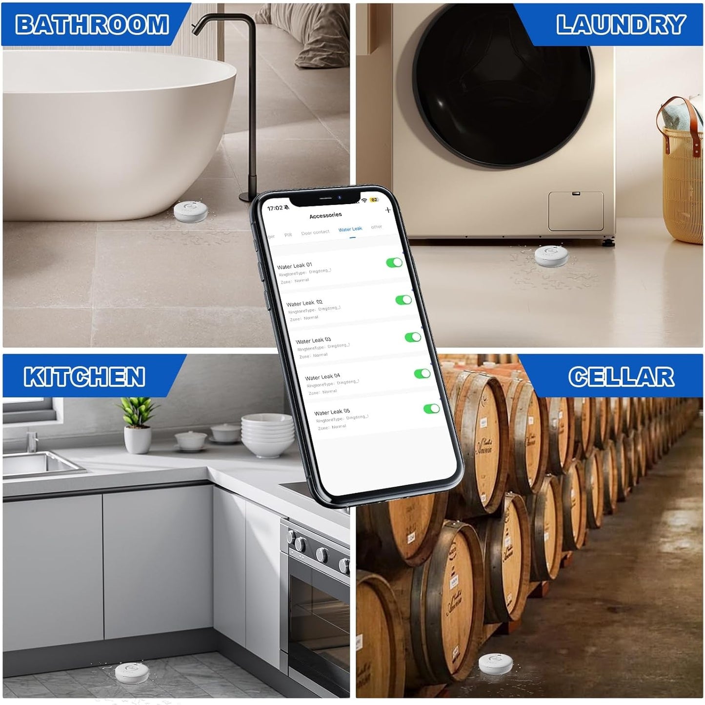 Water Leak Detectors for Home, 2Pcs WD71, 120dB Adjustable Water Leak Alarm for WiFi Gateway/Hub(Gateway Not Included), Wireless Water Sensor Alarms for Kitchen, Bathroom, Laundry and Basement