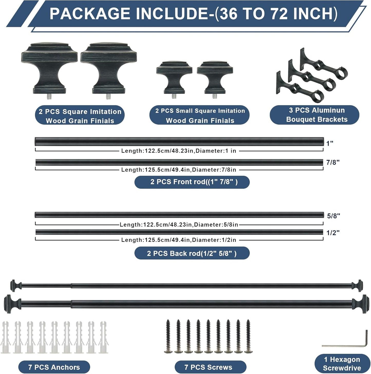Double Wood Curtain Rods for Windows 36 to 72 Inches,1 Inch Decorative Wooden Curtain Rod with Square Imitation Wood Grain Finials and Double Aluminum Bouquet Bracket, Antique Black