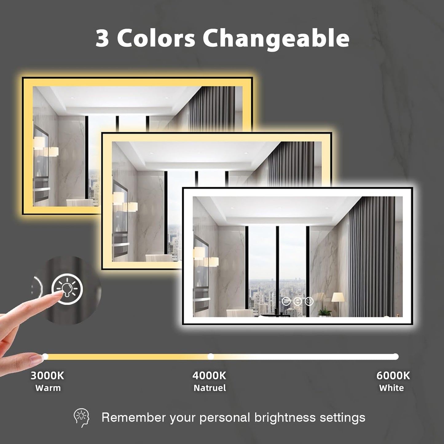48x30 Lighted Mirrors for Bathroom Wall, Modern Rectangle Matte Black Mirror, Tempered Glass,Double Lights, 3 Colors Dimmable Temperature, IP54 Enhanced Anti-Fog, Memory (Horizontal/Vertical)