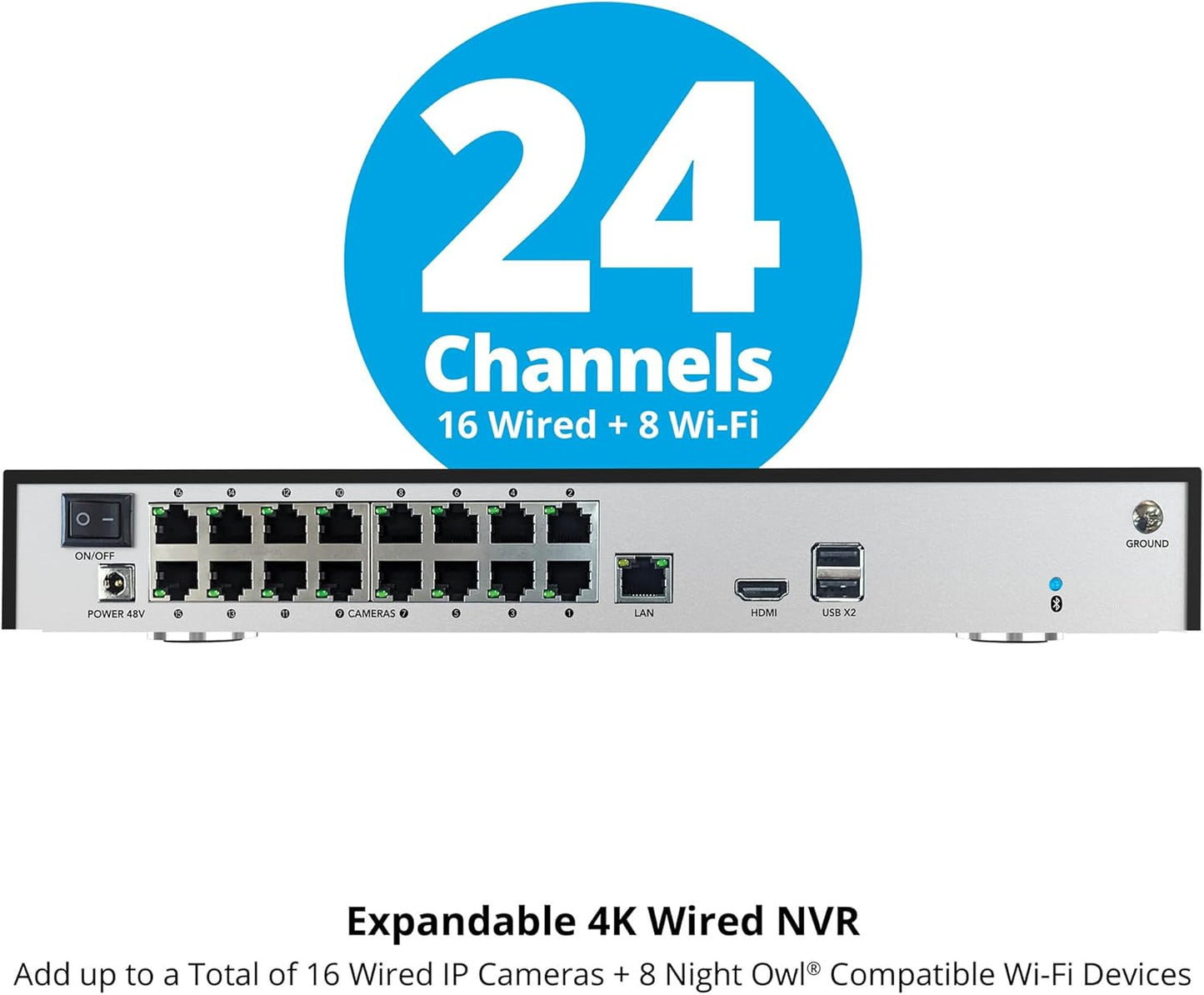 Night Owl Power Over Ethernet 24 Channel NVR Video Home Security Camera System with 4TB Hard Drive (Add up to 16 Wired IP and 8 Wi-Fi Cameras)