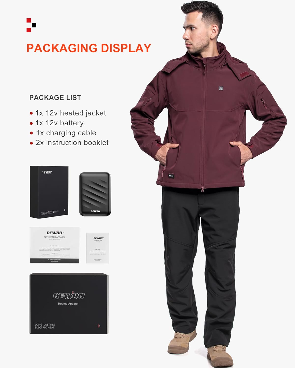 DEWBU Soft Shell Heated Jacket for Men with 12V Battery Pack and Detachable Hood Outdoor Electric Heating Coat