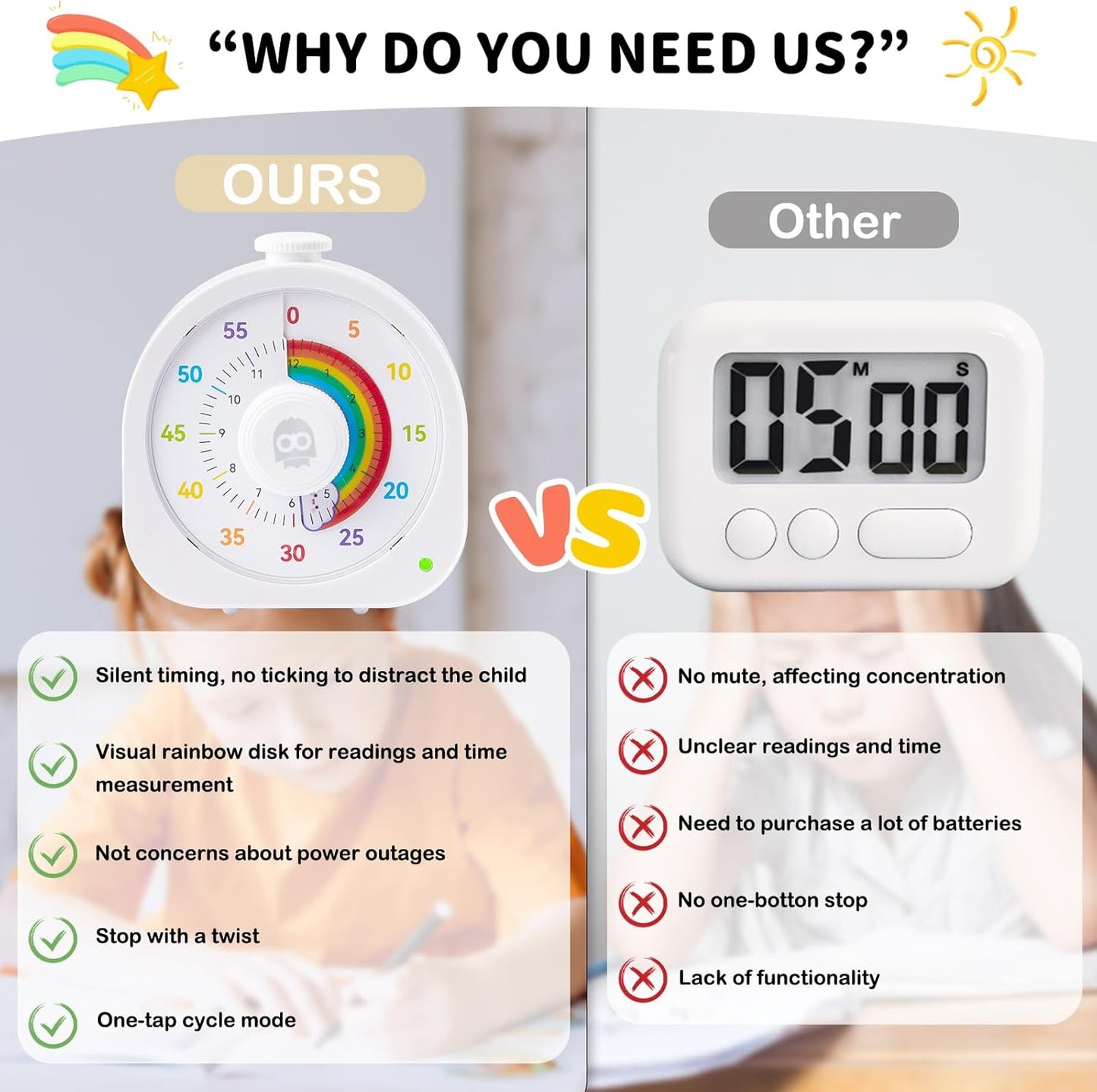 Visual Timer for Kids β 60min/12h Rainbow Magnetic Timer for Classroom, Rechargeable Silent Countdown Timer with Pomodoro Mode, ADHD Time Management Tool