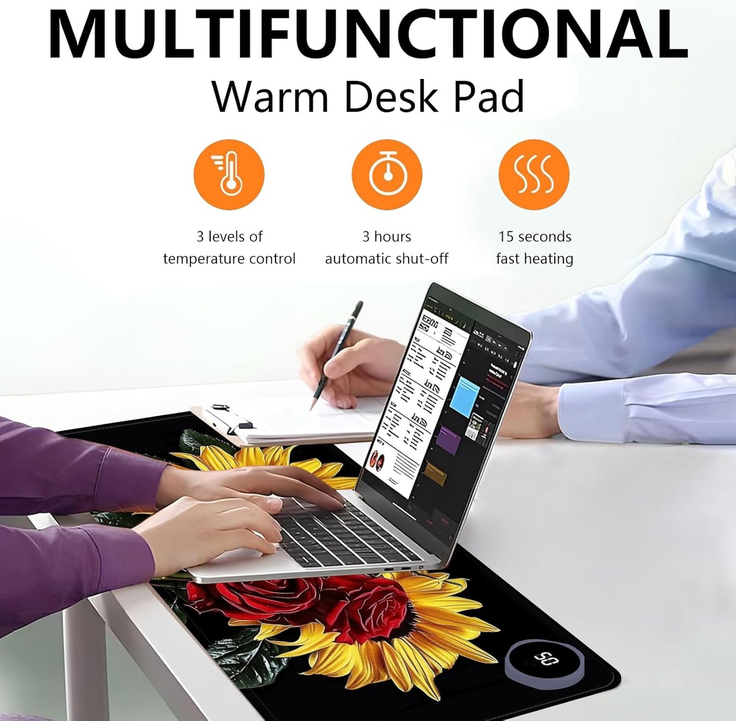 Heated Mouse Pad with 3 Levels Heated & 3 Hours Auto Shut-Off Mouse Pad for Warming Hands in Office Home, 23.6" x 14.2"Large Safe Desk Mat Hand Warmer,Rose Sunflower
