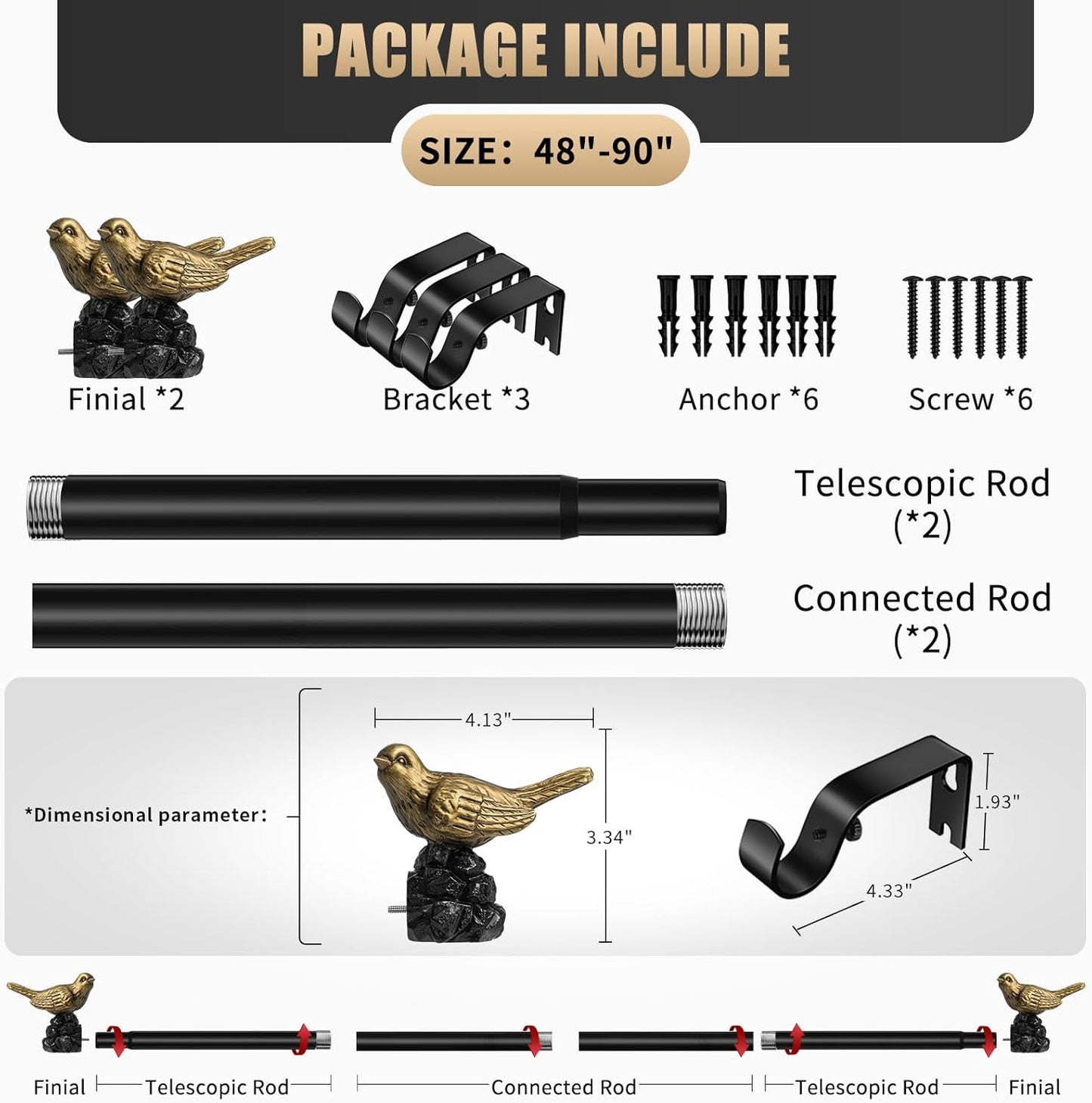 Vintage Gold Curtain Rod 48 to 90 Inches Curtain Rods for Windows Adjustable Drapery Rod with Bird Finials Heavy Duty Curtains Rods for Living Room Bedroom