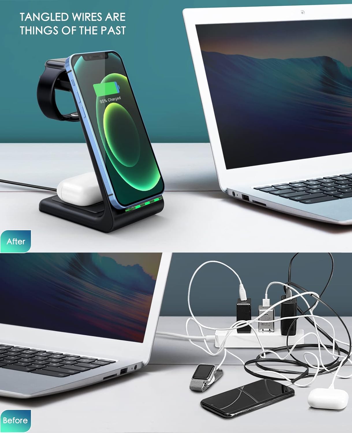 3 in 1 Wireless Charging Station, 2025 Upgraded Fast Desk Charger Station for iPhone 17 16 15 14 13 12 Pro Max Plus, Charger Stand for Apple Watch 10 9 8 7 6 5 4 3 2 SE, Airpods 4 3 2 Pro(Black)