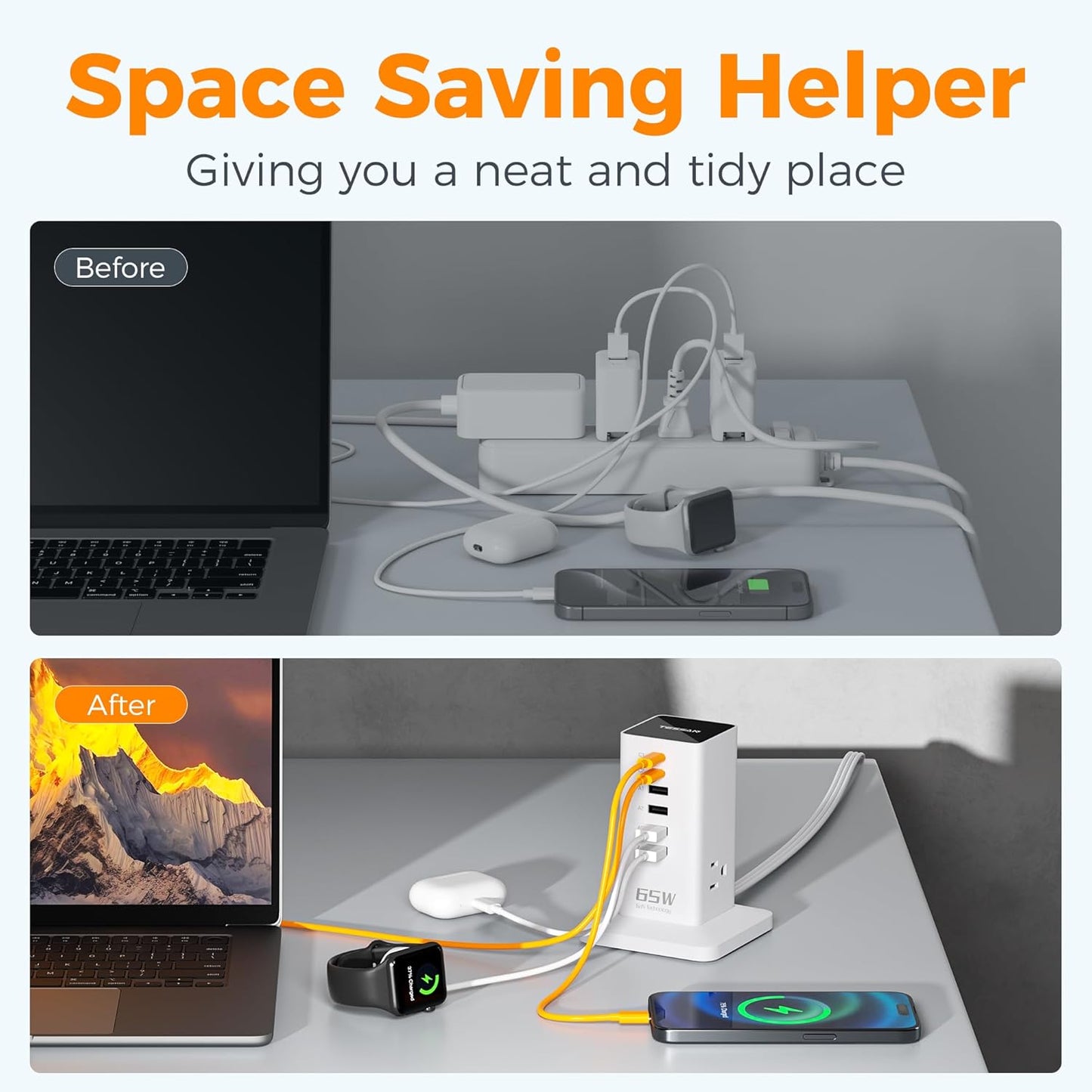 USB Charging Station for Multiple Devices PD 65W, TESSAN 9-in-1 USB C Charger Block for iPhone 17/16/15, MacBook, Tablet, Type C Desktop Charger with 3 AC, Home Travel Office Accessories, White