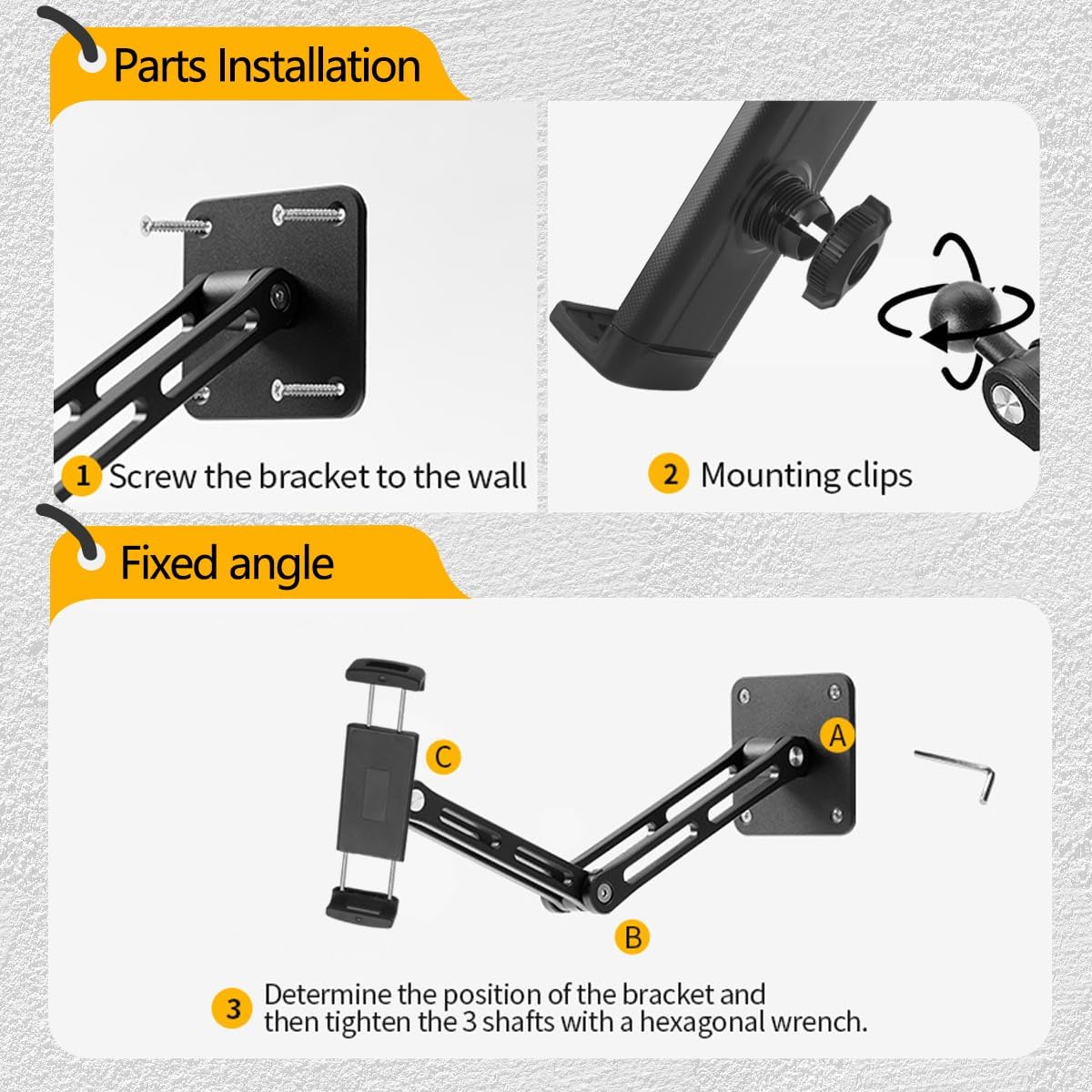 Bimo Tablet Wall Mount Holder for 4.7-15.6 inch, iPad Wall Mount Holder with Arm & Adjustable Rotating Base Compatible with iPad, Tablet Devices