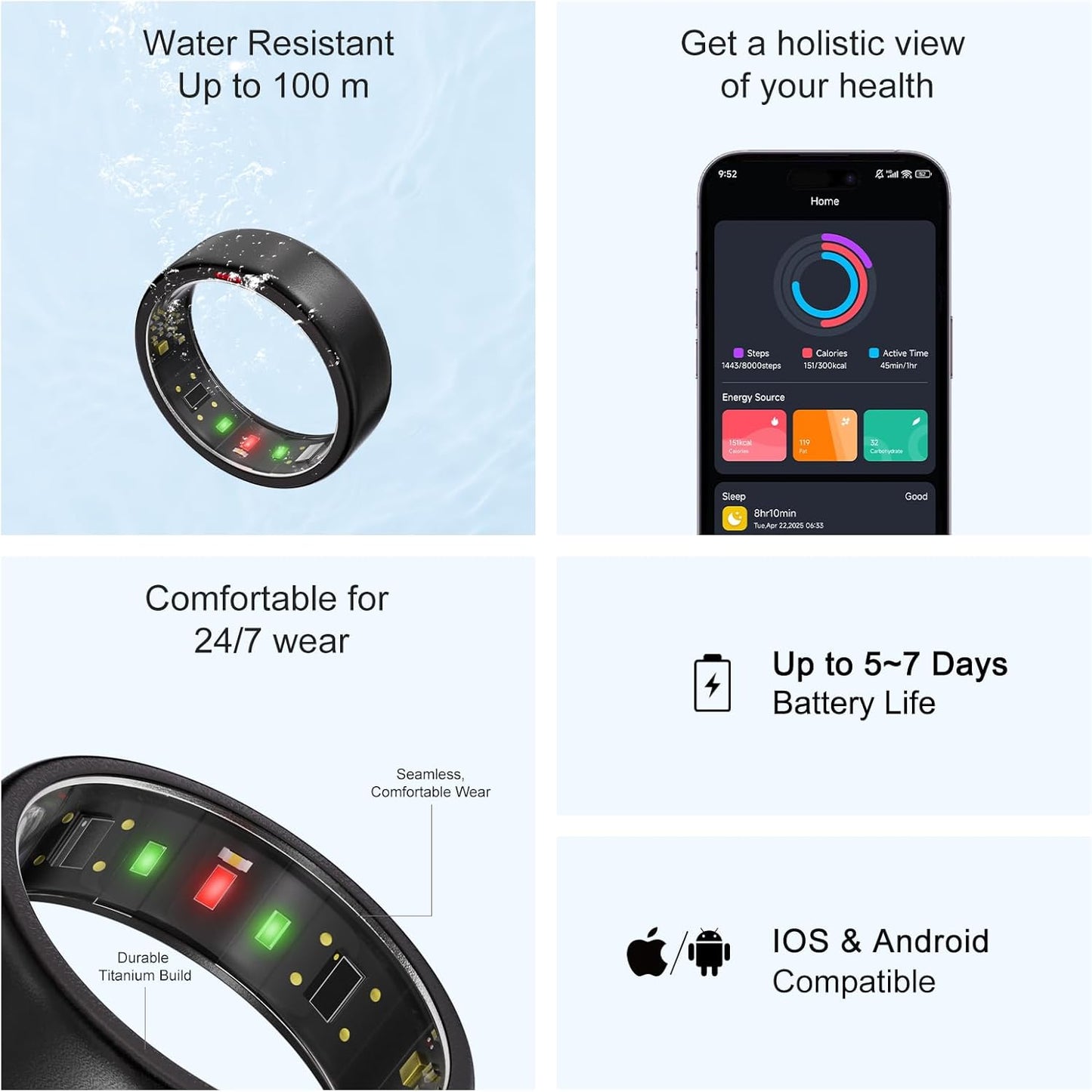 Ring OnePlus - Ultra-Thin Titanium Smart Ring - 7 Days Battery Life - Fitness/SPO₂/Stress/HR/Sleep Skin Temperature Tracker - No App Fee - iOS&Android Compatible (Black,Size 11)