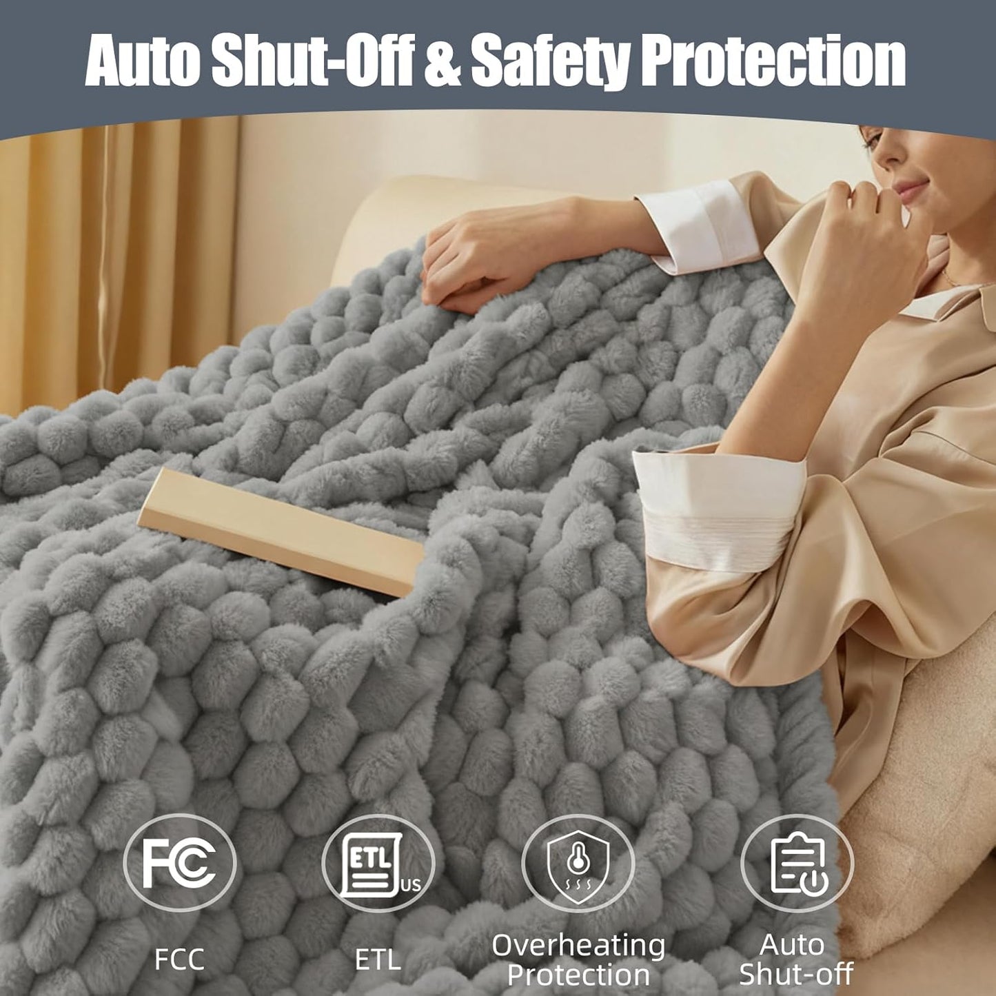 Electric Heated Blanket 90''x100'' – Large Soft Ribbed Faux Fur Fast Heating Blanket with 12 Heat Settings, 1–12H Timer, Overheat Protection ETL & FCC Certified Machine Washable