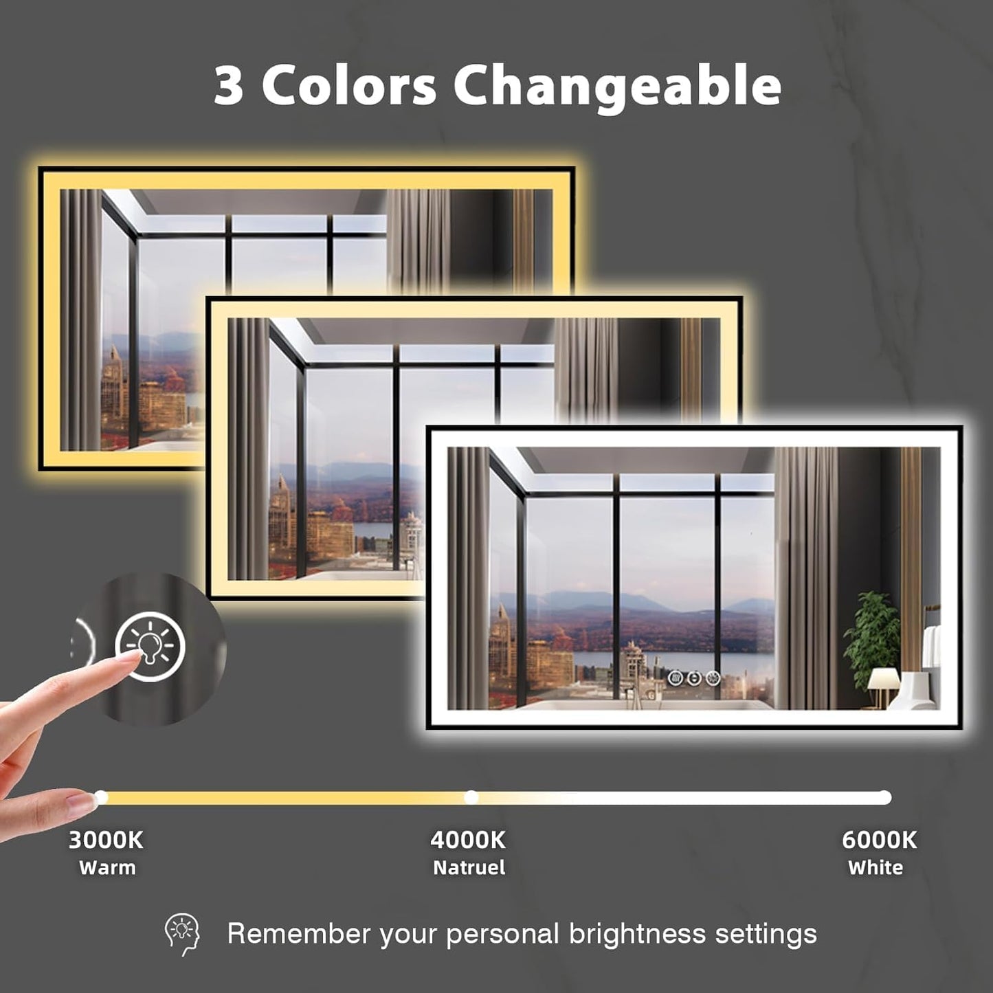 72x40 Lighted Mirrors for Bathroom Wall, Modern Rectangle Matte Black Mirror, Tempered Glass,Double Lights, 3 Colors Dimmable Temperature, IP54 Enhanced Anti-Fog, Memory (Horizontal/Vertical)