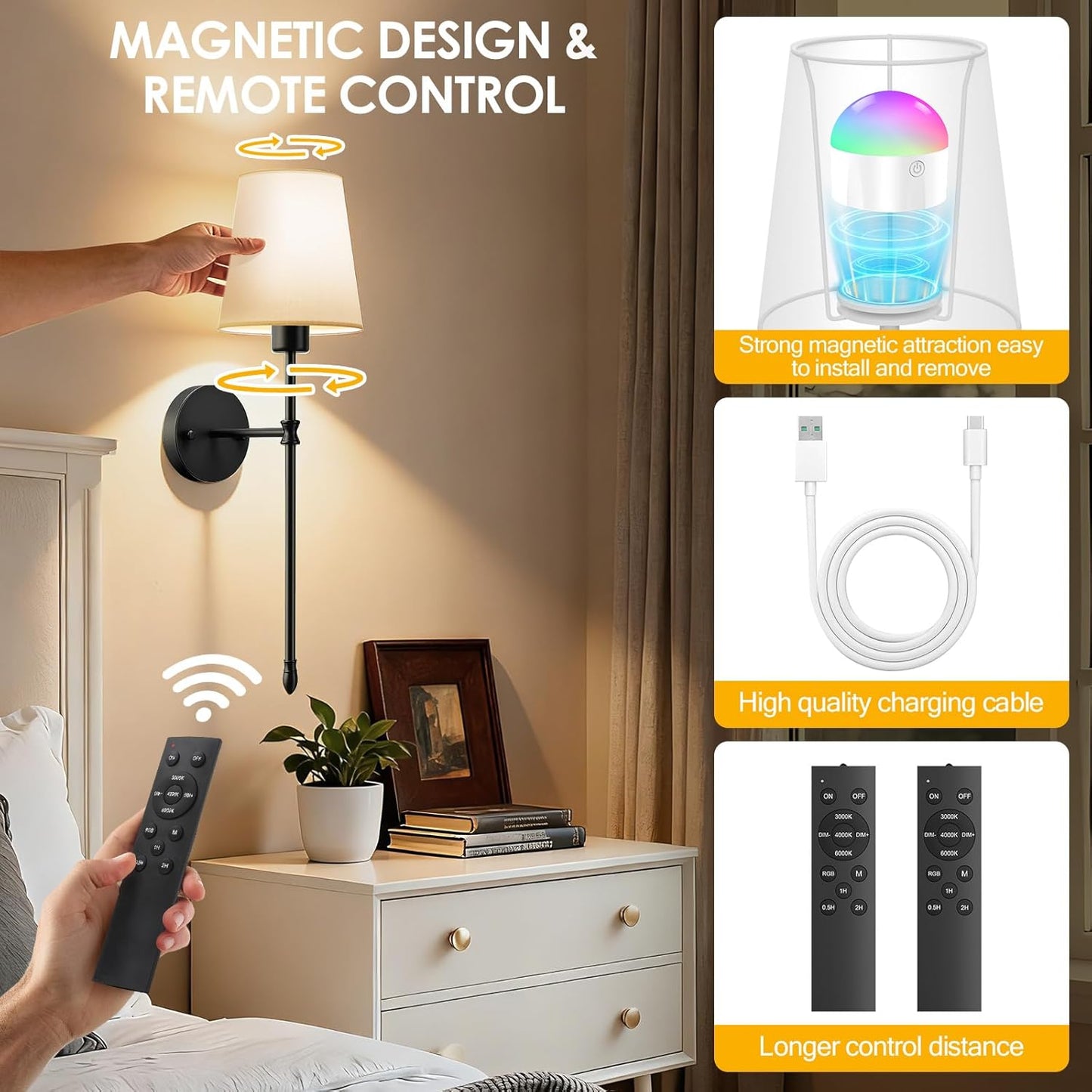 OCATO Battery Operated Wall Sconce: 10000mAh Wireless Wall Sconces Set of Two Rechargeable Lamp Dimmable Magnetic Lights with 7 RGB Colors and Remote Home Decor Walls Decor for Bedroom Living Room