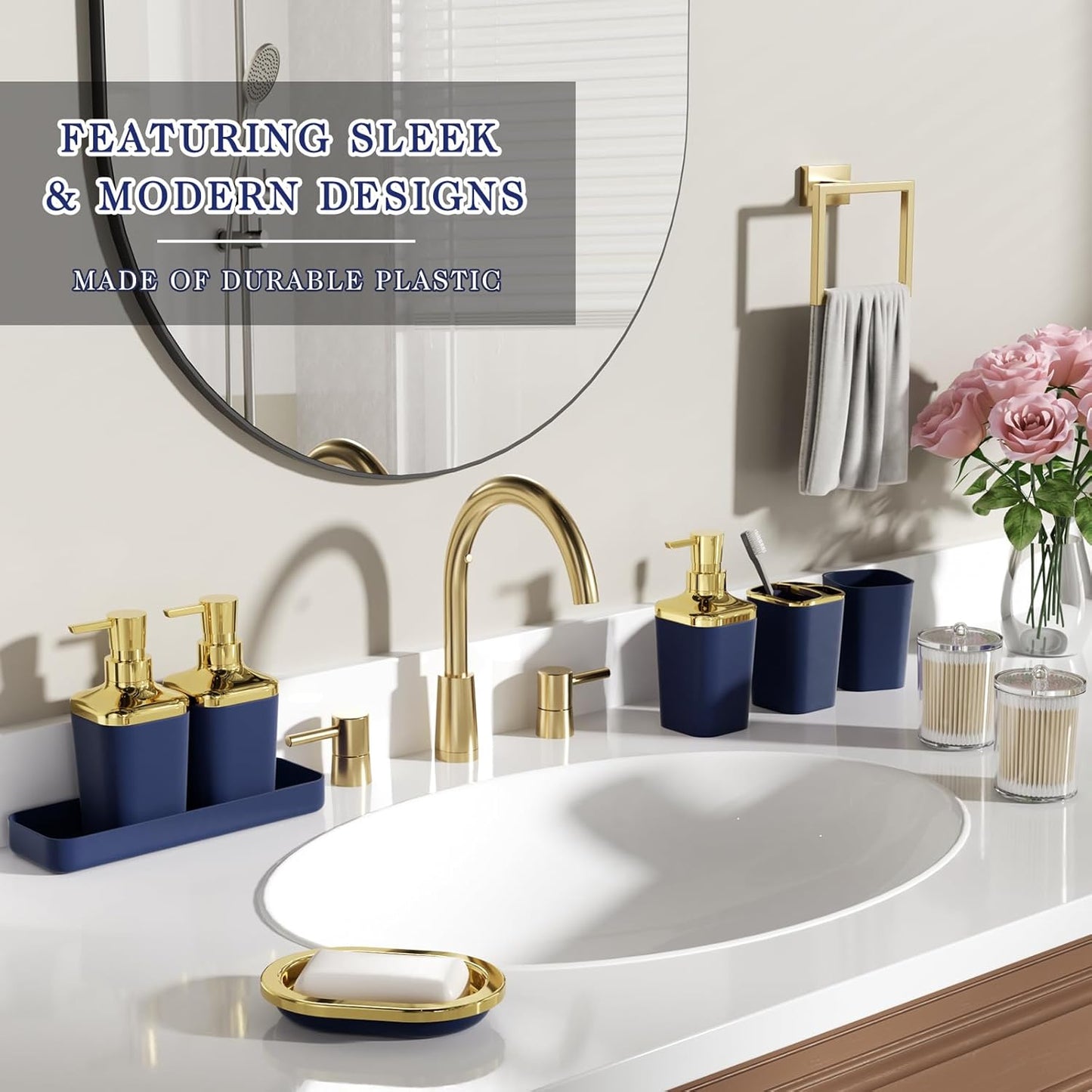 Bathroom Accessory Set, 11PC Bathroom Set, Navy Blue Bathroom Accessories, Bathroom Accessories Set with Trash Can, 3PC Soap Dispensers and Toilet Brush