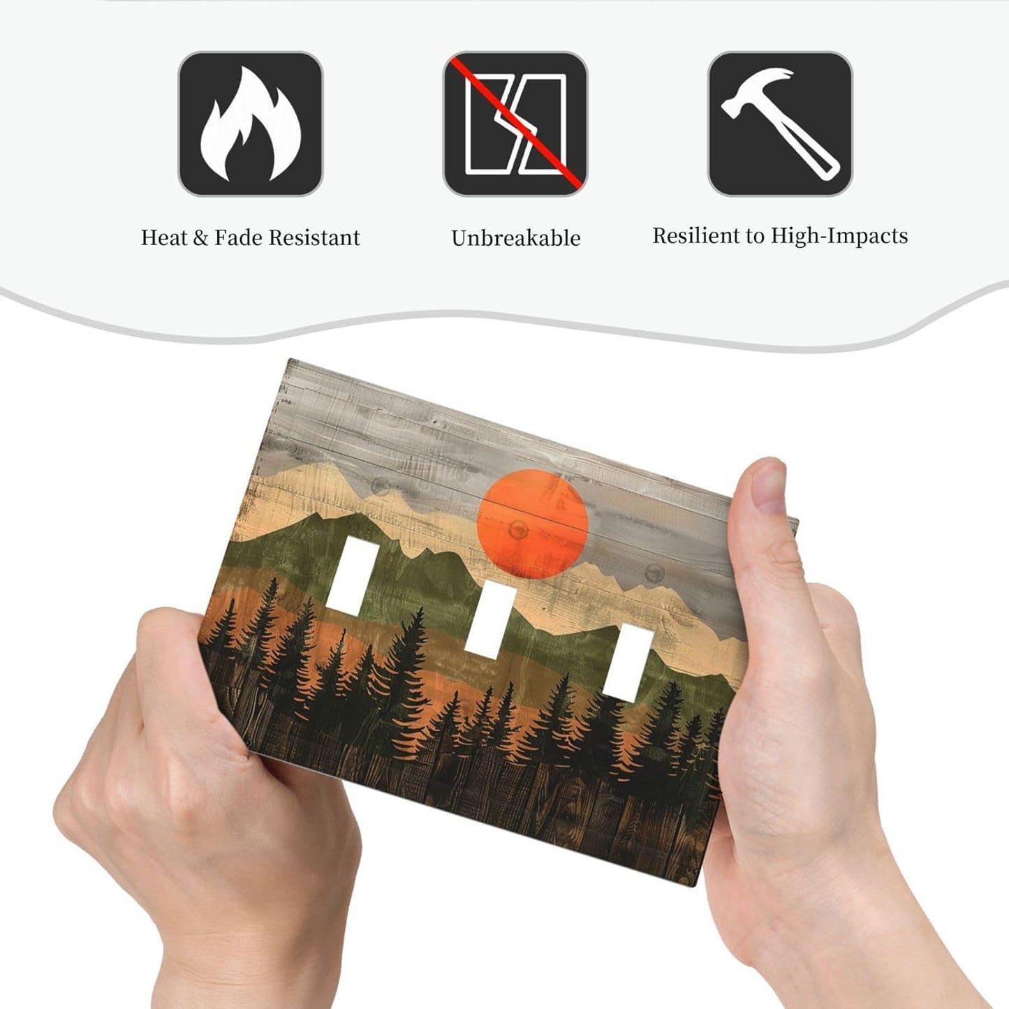 Decorative Switch Plates Vintage Wood Grain Sun Forest Mountains 3 Gang Wall Plate Triple Toggle Light Switch Cover Faceplate Electrical Wall Panels for Farmhouse Cabin Decor