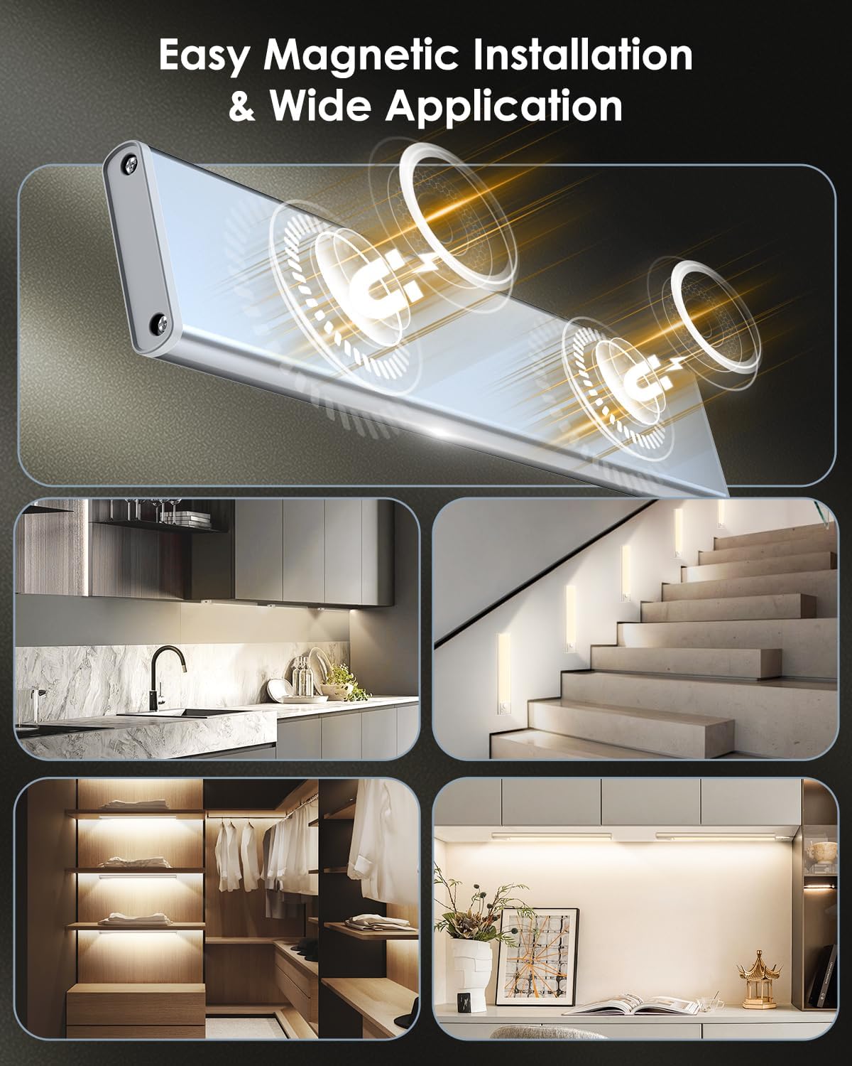 5 Pack Under Cabinet Lights, Rechargeable Under Cabinet Lighting Wireless, Motion Sensor Light Indoor LED Closet Lights Upgraded 2200mAh, Magnetic Under-Counter Light Fixtures for Kitchen Home, 10in