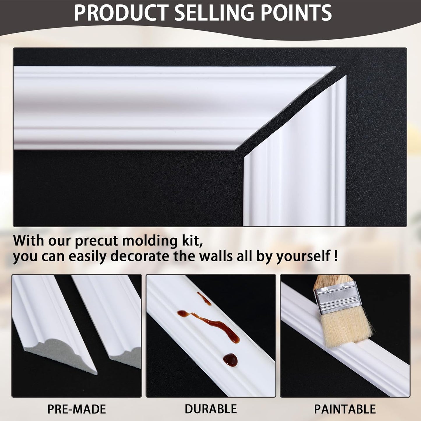 Bedroom Premade Accent Wall Molding Kit, Ready-to-Assemble Wainscoting Panels, Pre-Cut Chair Rail Moulding Trim for Living Room Home Décor