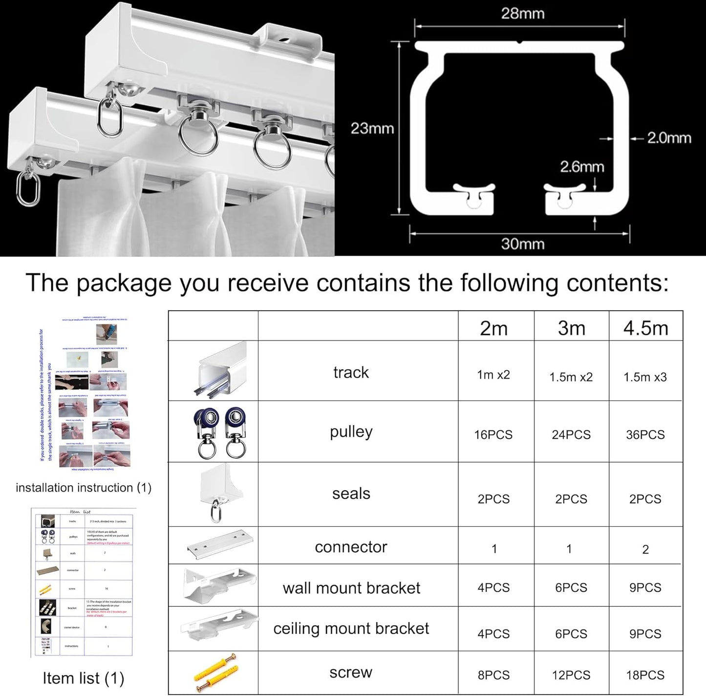 Ceiling Curtain Track Ceiling Mounted Curtain Rail for Curtains, Drapes, and Room Dividers Ceiling or Wall Mount Curtain Track Room Divider-Sliding Curtain Rail for Living room (white, 3m)
