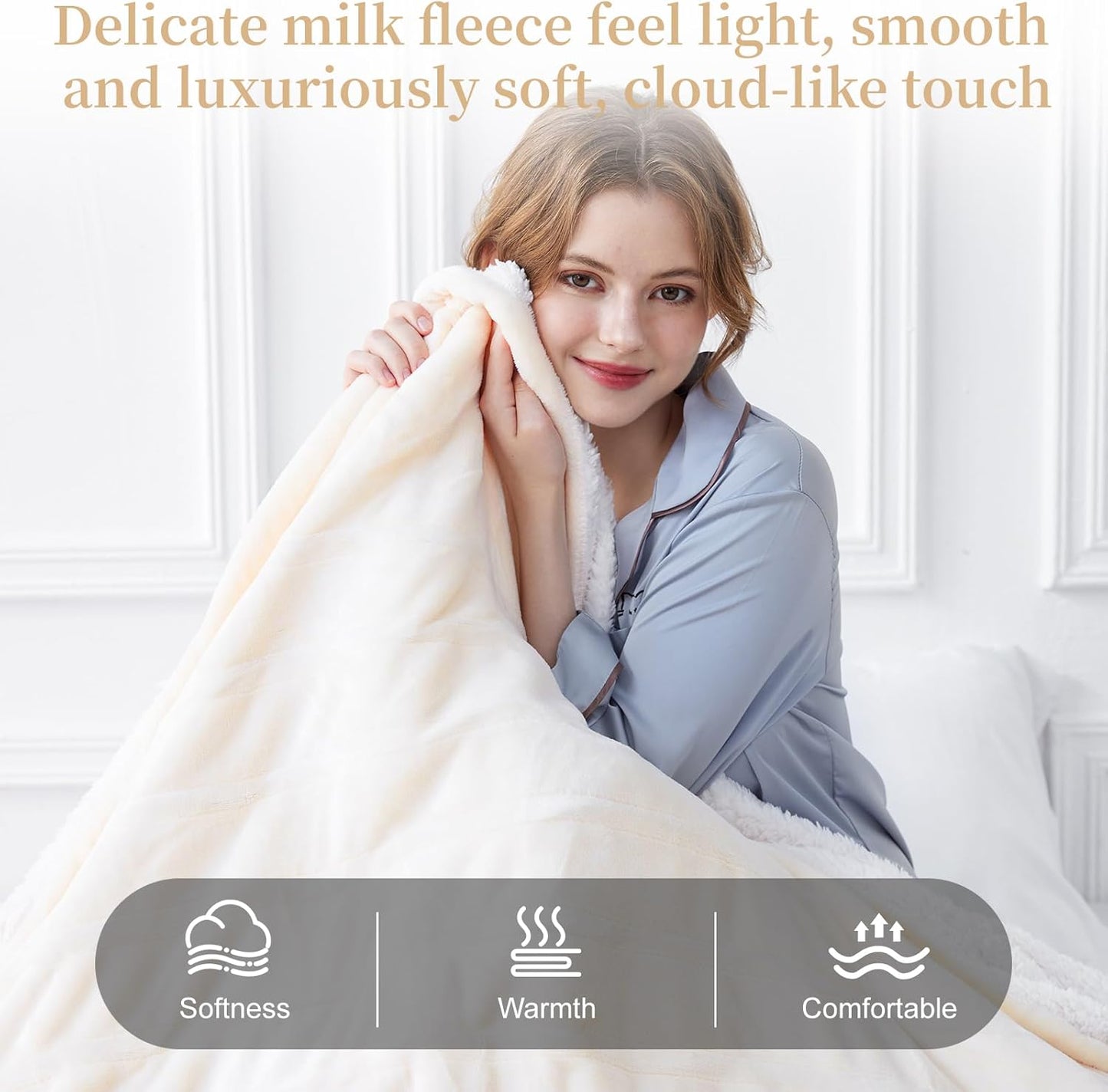 Electric Heated Throw Blanket 50" x 60", Soft Plush Flannel & Sherpa Electric Blanket with 8 Heat Settings, 1-12H Auto-Off, Fast & Even Heating, Machine Washable, Ideal for Home & Office, Beige