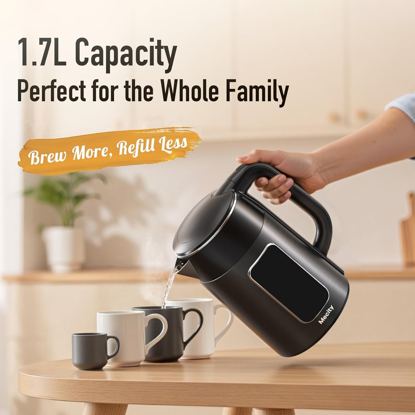 Mecity Electric Kettle 1.7L Touch Screen Temperature Control Water Boiler, No Plastic Contact with Water. 6 Preset Temperature Programs, 2 Hours Keep Warm, Dark Grey