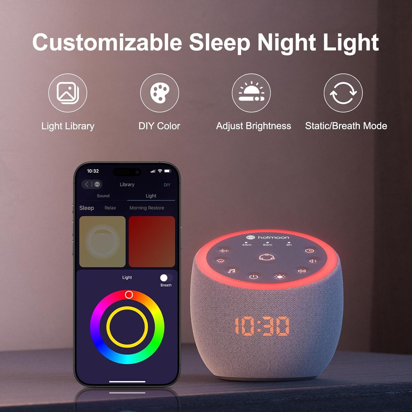 Hotmoon Sound Machine 388 Soothing Sounds White Noise Machine for Babies & Adults, Smart Night Light, Sleeping Timer App Control, Brown Noise Pink Noise Block Out Office Yoga, Plug-in