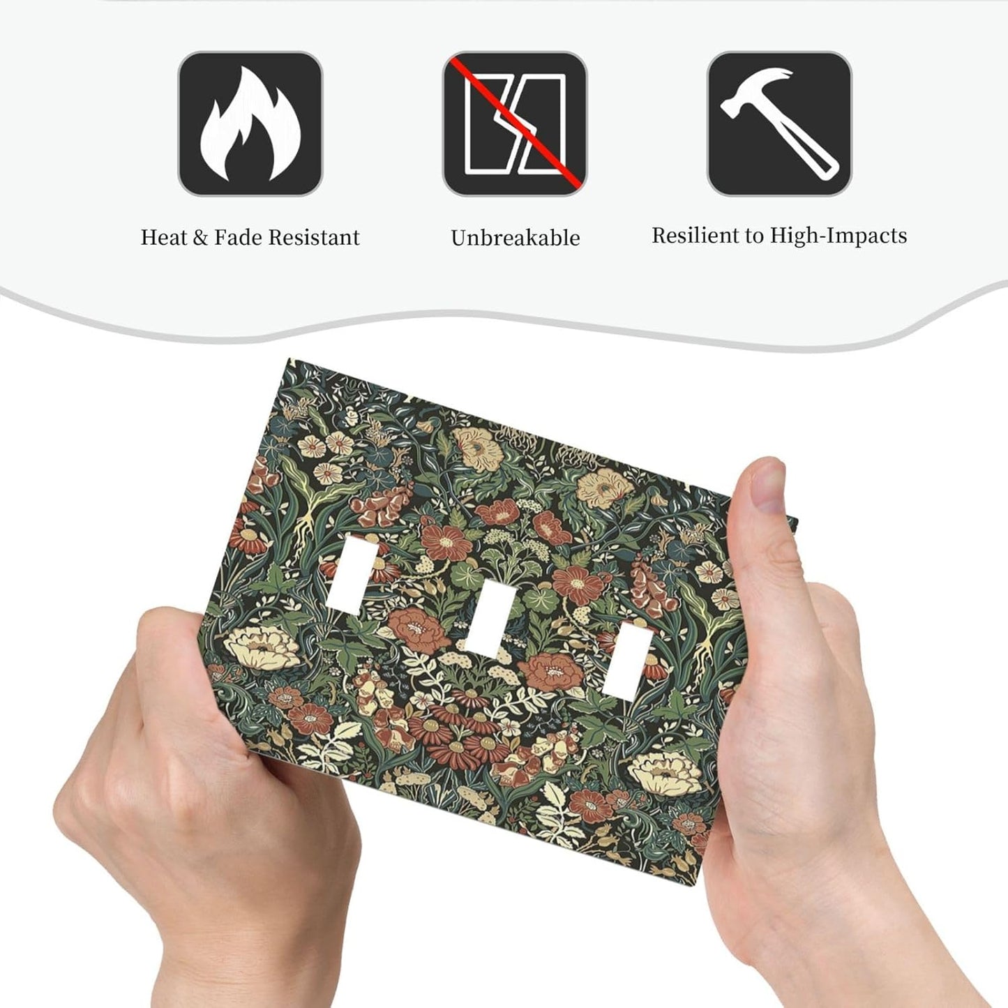 Decorative Switch Plates Vintage Dark Floral William Morris Green Flower 3 Gang Wall Plate Triple Toggle Light Switch Cover Faceplate Electrical Wall Panels for living Room Home Decor