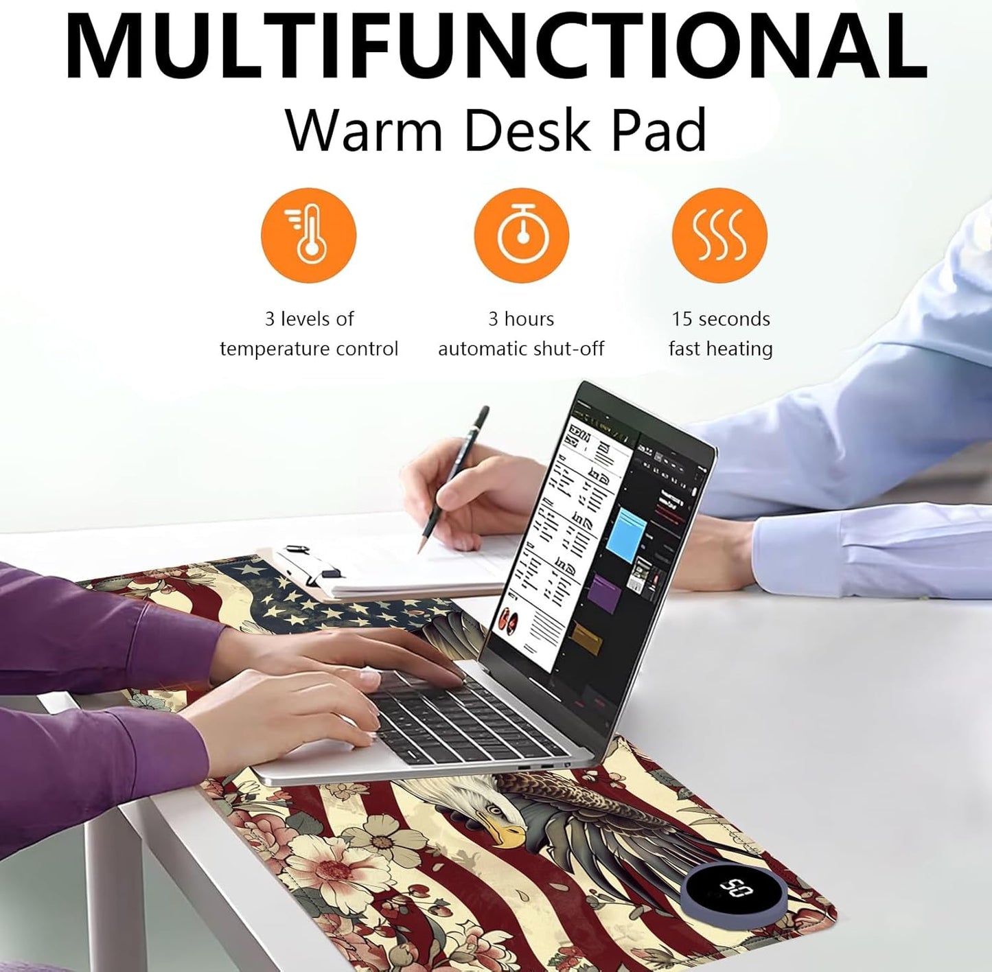 Heated Mouse Pad with 3 Levels Heated & 3 Hours Auto Shut-Off Mouse Pad for Warming Hands in Office Home, 31.5" x 13"Large Safe Desk Mat Hand Warmer,Flying Eagle Flag Flowers