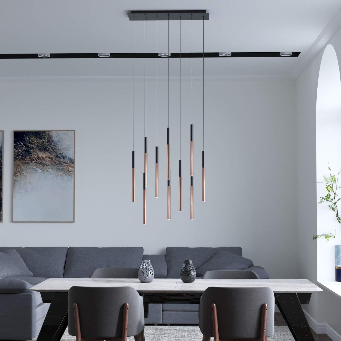 ALTAIR 10 Mini Pendant Lighting Black-Copper - LED Hanging Light Fixture for Kitchen Island, Bar, Foyer - Cluster Pendants - Dimmable, Adjustable Wire, Lamp Bulb Included